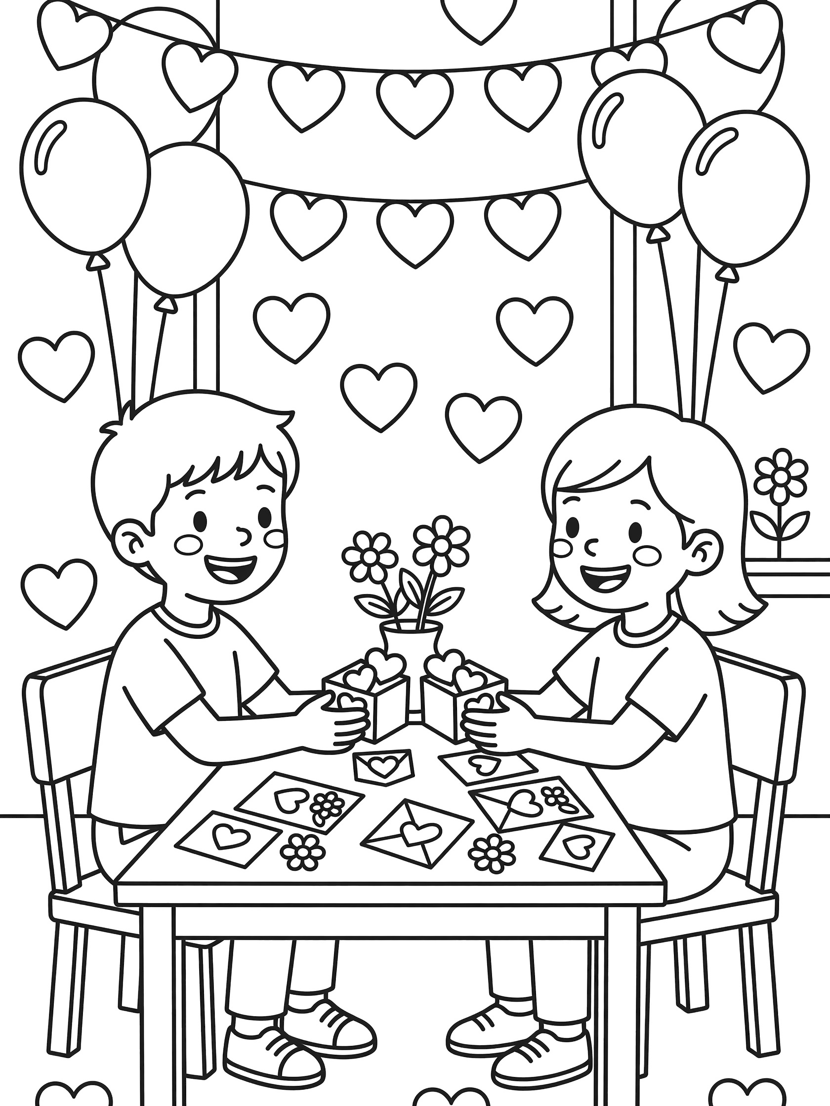 Printable coloring page showing kids trading small boxes of candy hearts across a table in a festive Valentine's Day classroom with hanging hearts, balloons, valentine cards and flowers.