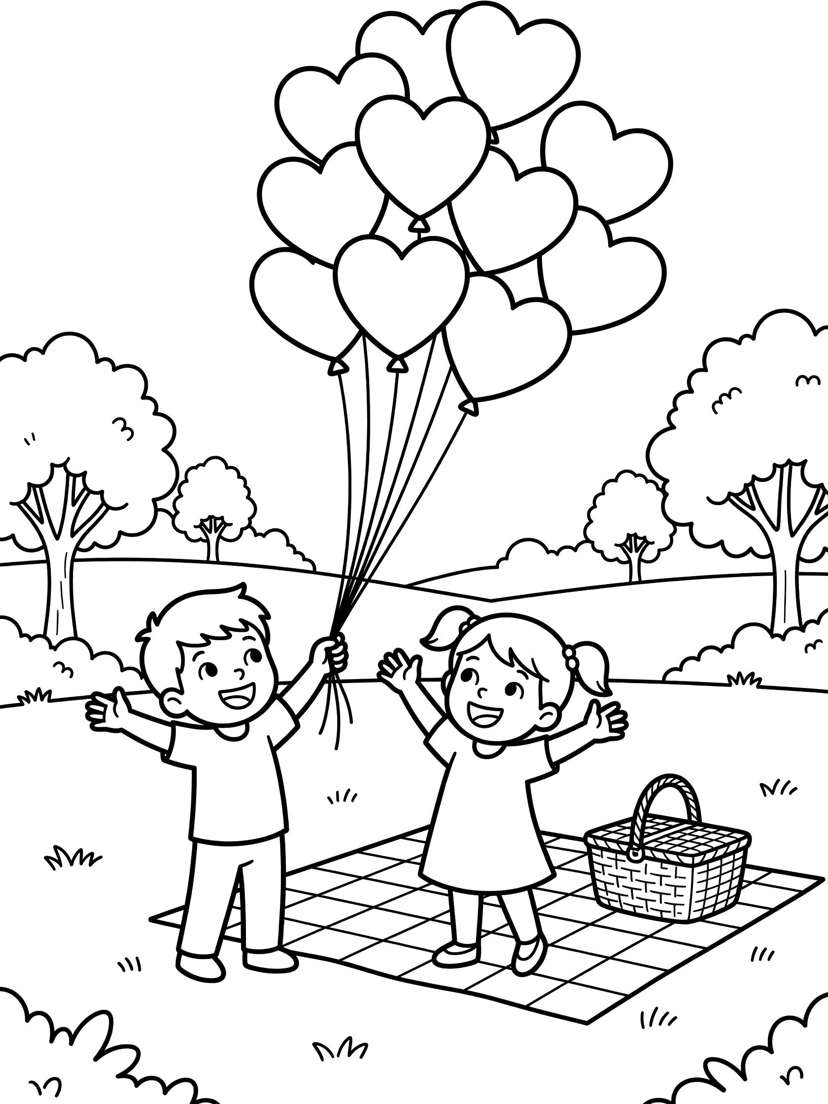 Line art coloring page showing boy and girl kids holding strings of floating heart balloons over a picnic blanket and basket in a park on Valentine's Day