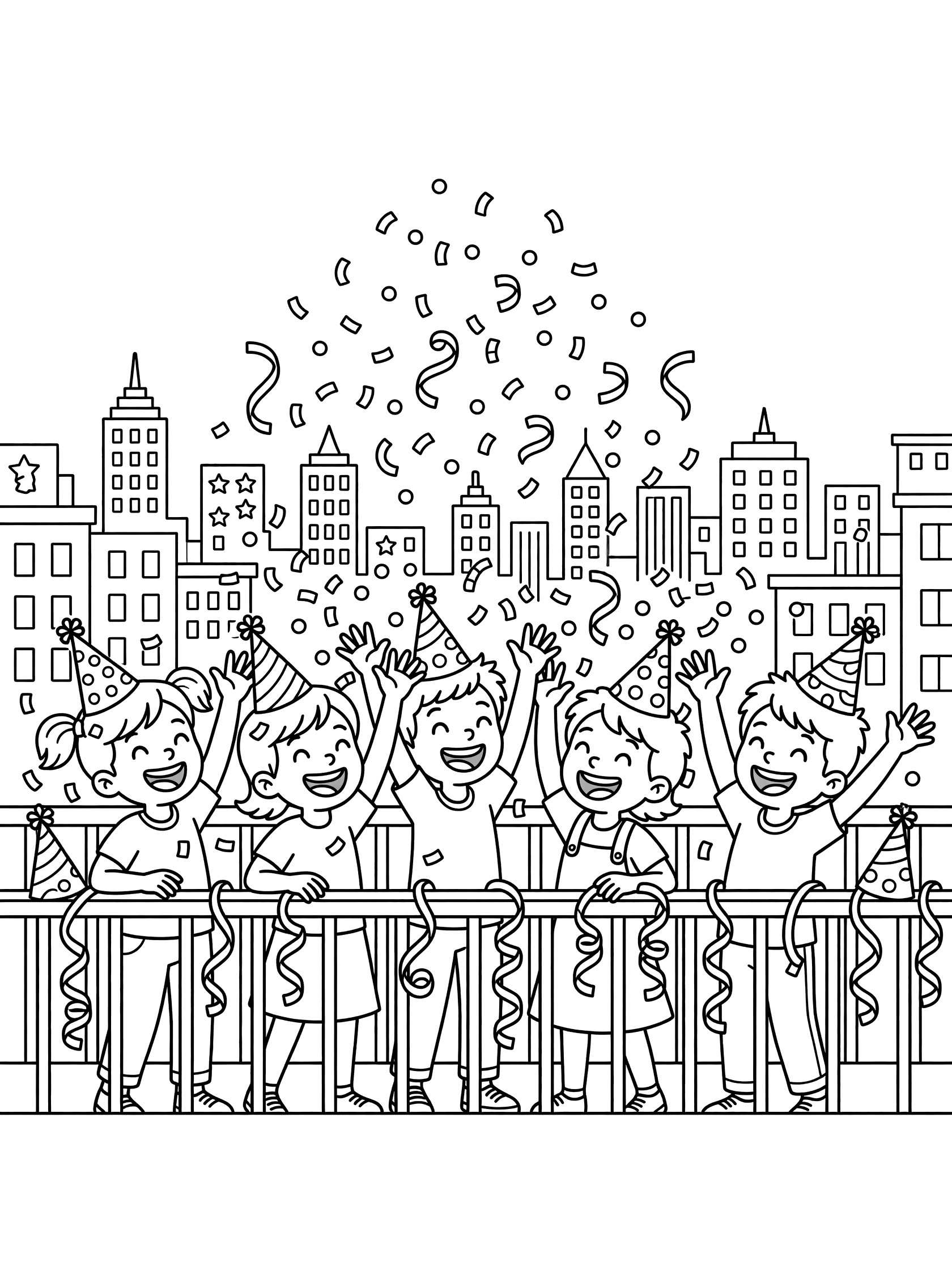 Line art coloring page showing a group of kids on a balcony tossing handfuls of confetti into the night sky with city buildings, party hats and streamers below.