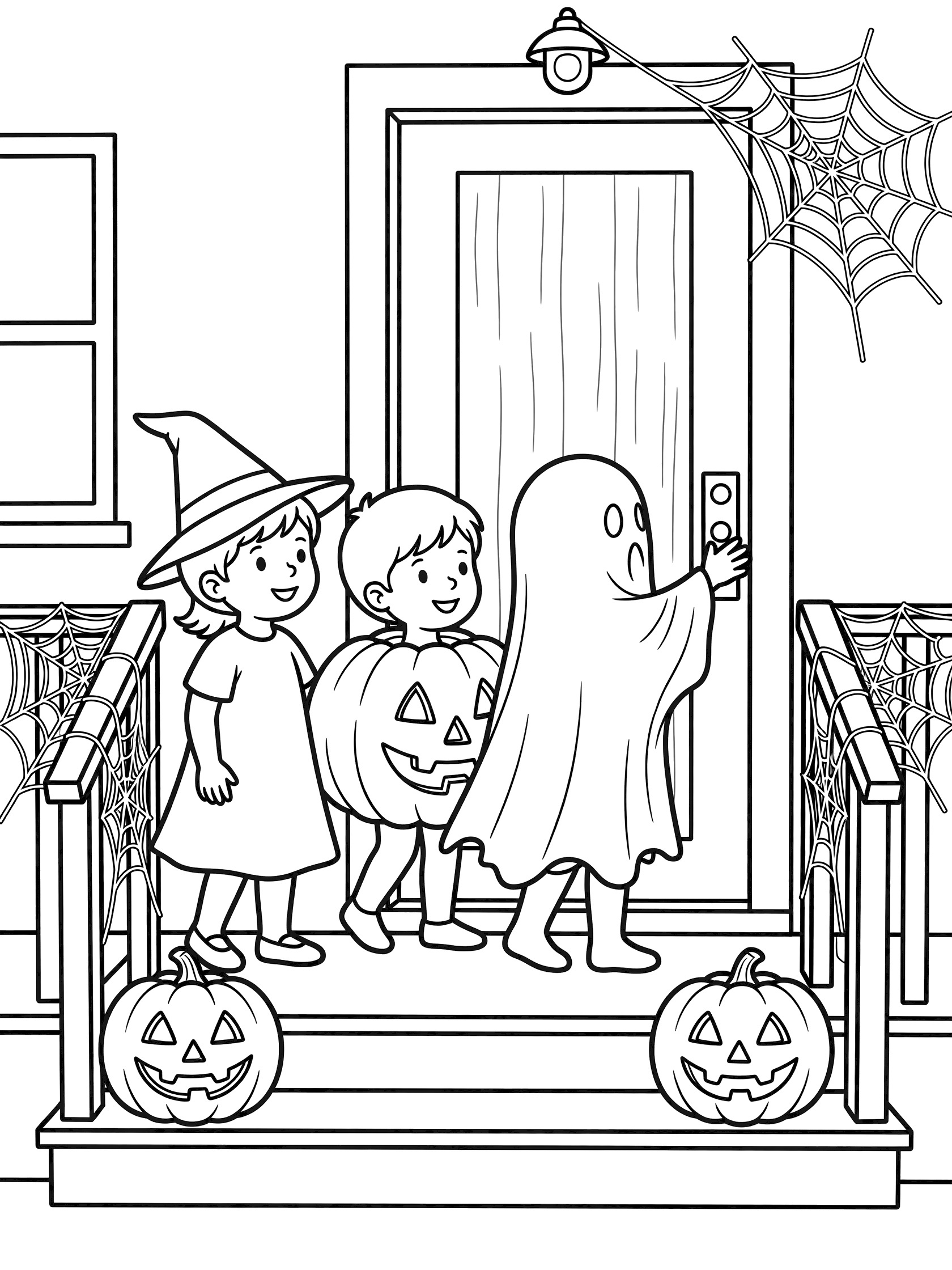 Trick-or-treating coloring page showing three children dressed as ghost, witch, and pumpkin approaching a house door. One kid rings the doorbell with jack-o-lanterns and spiderwebs nearby.
