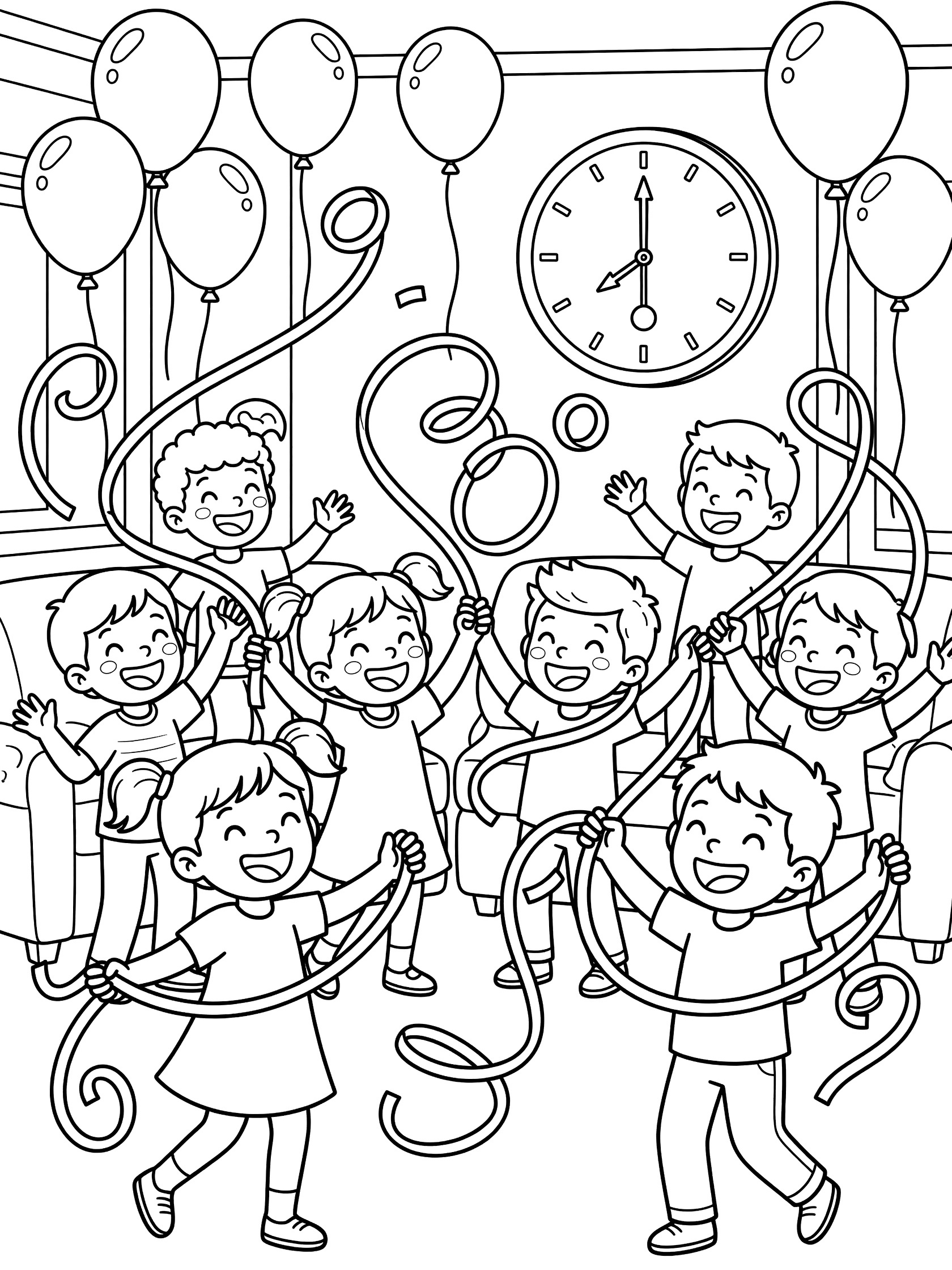 Coloring page showing children twirling colorful streamers around a festive room with balloons and a clock at midnight for New Year's Eve party