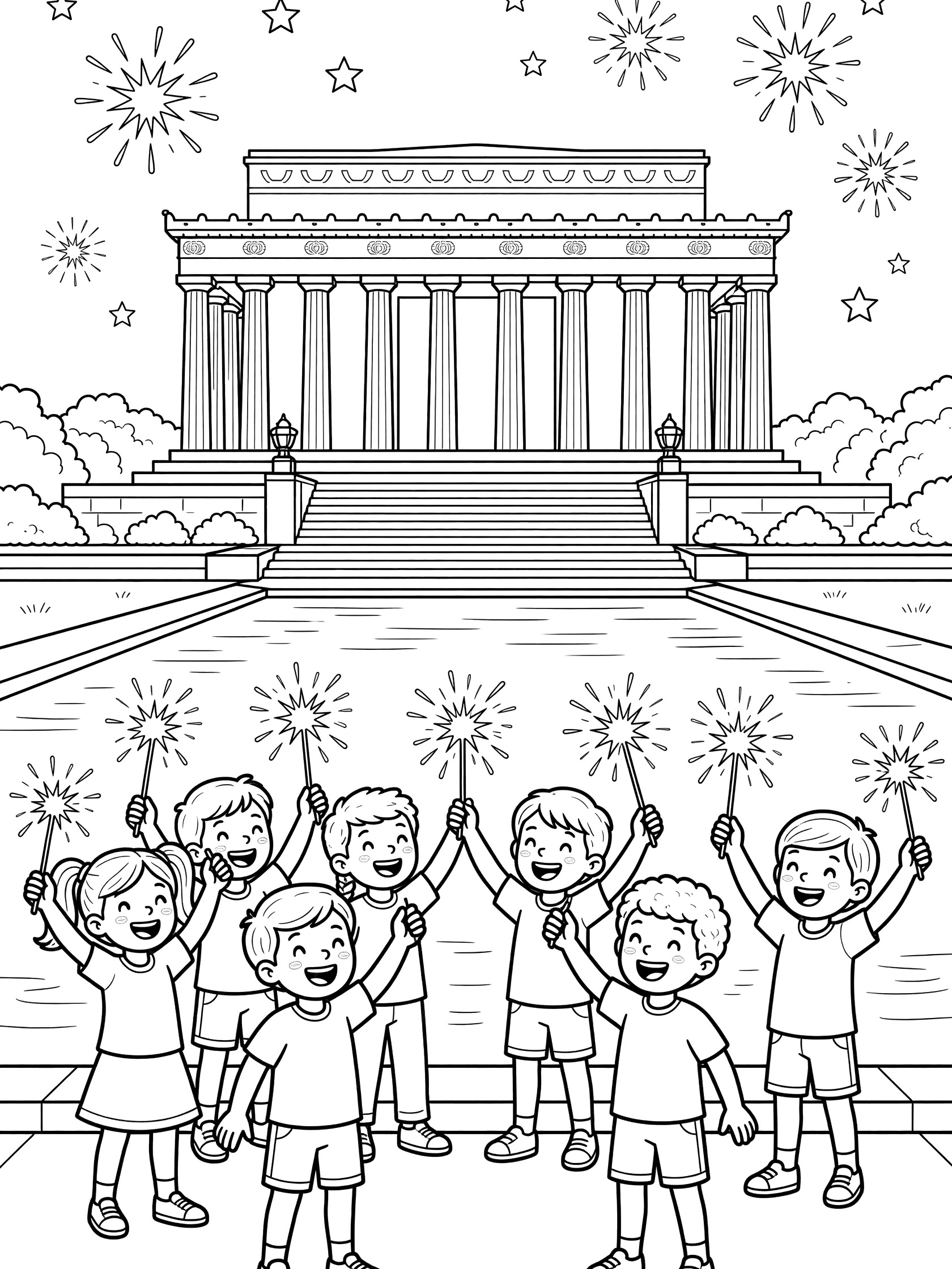 Line art coloring page showing kids with sparklers near the Lincoln Memorial pool, columns, steps, and festive stars for 4th of July.