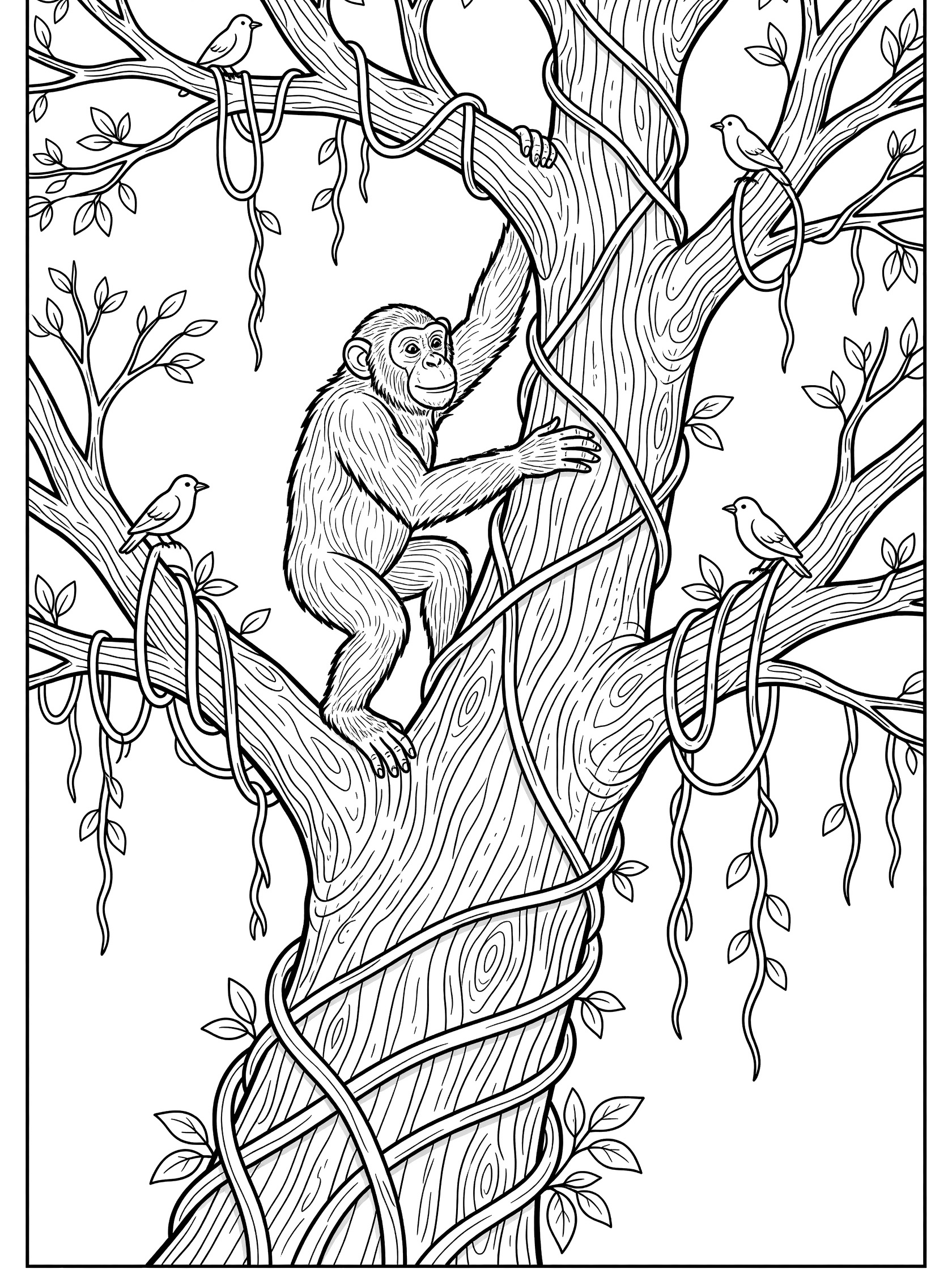 Black and white line art coloring page showing a determined chimpanzee climbing a tree trunk with vines and birds perched nearby.