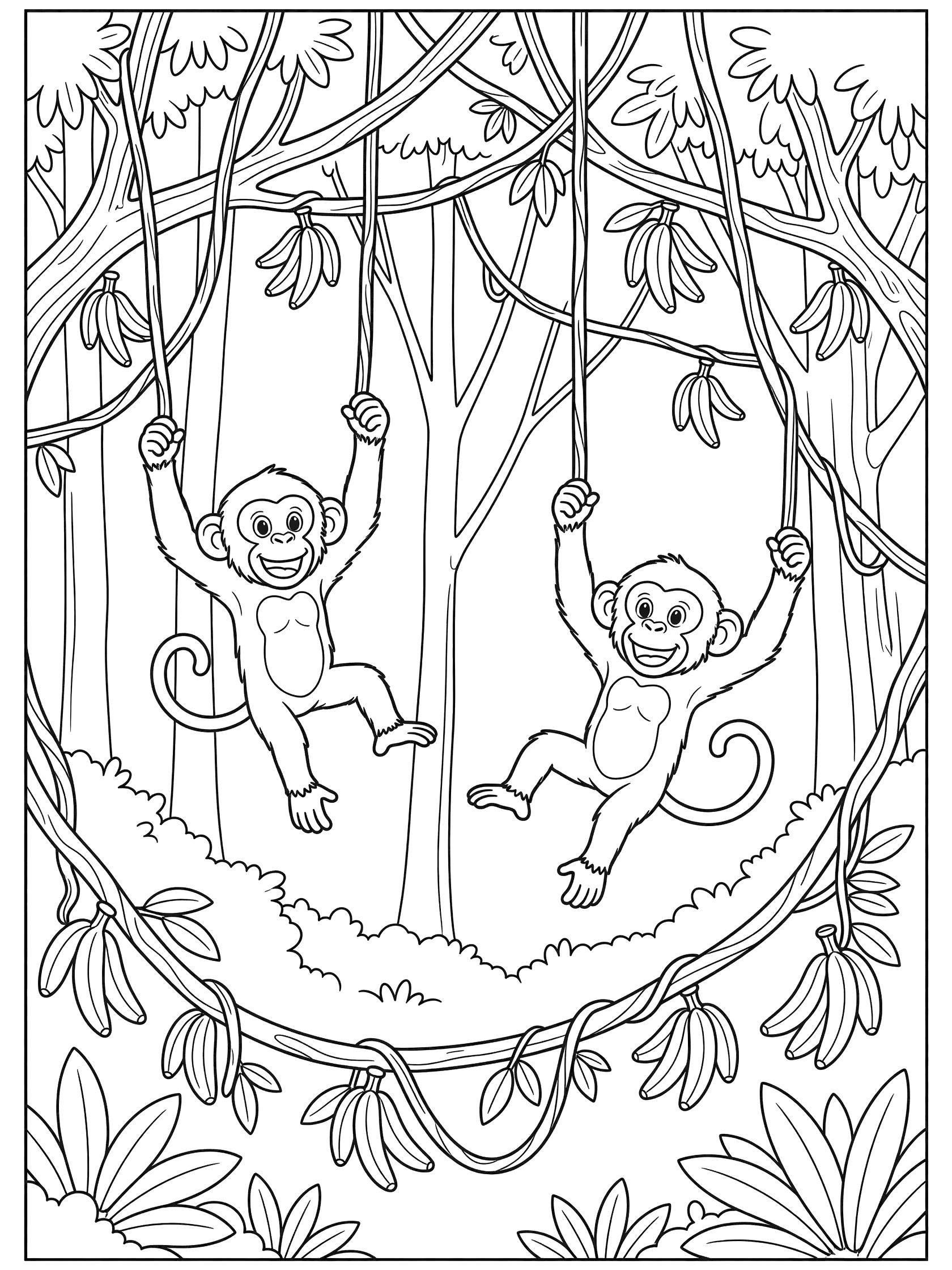 Printable coloring page showing two chimpanzees swinging from vines surrounded by jungle leaves and branches. African Forests themed black and white printable line art