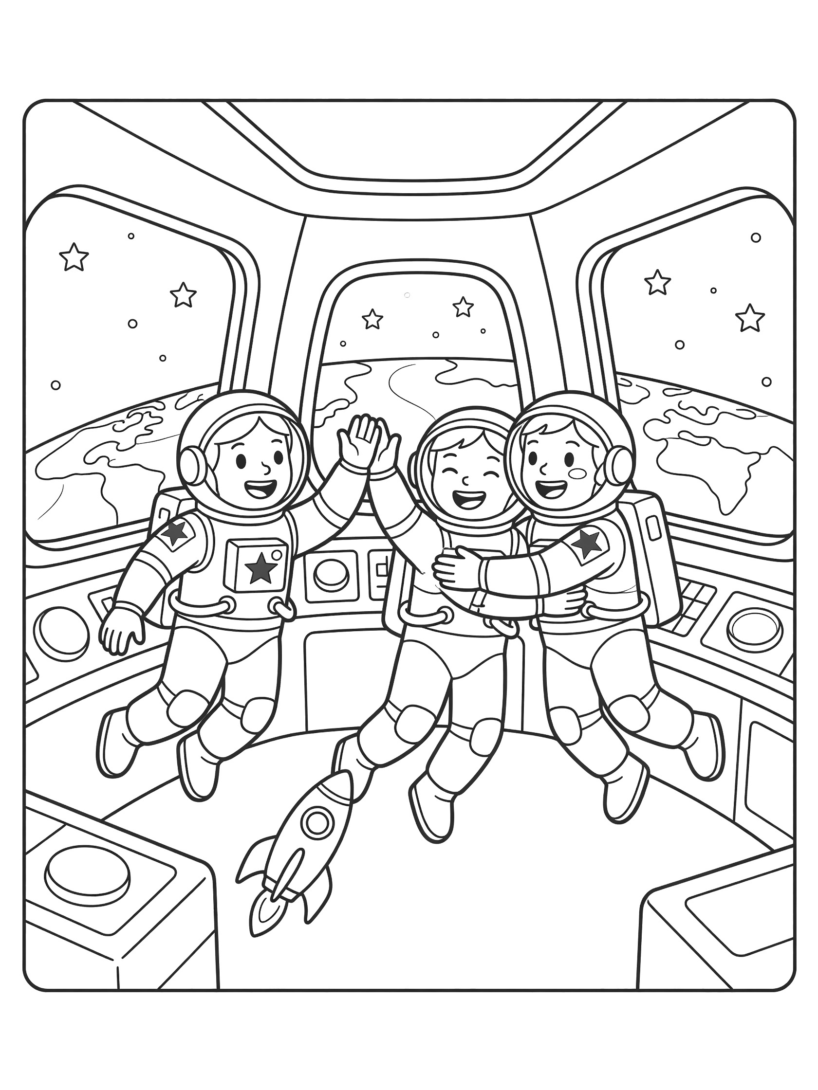 Black-and-white coloring page of three cheerful Chinese astronauts celebrating mission success by high-fiving and hugging inside a space station module, with rounded windows showing Earth and stars, control panels, and a floating rocket.