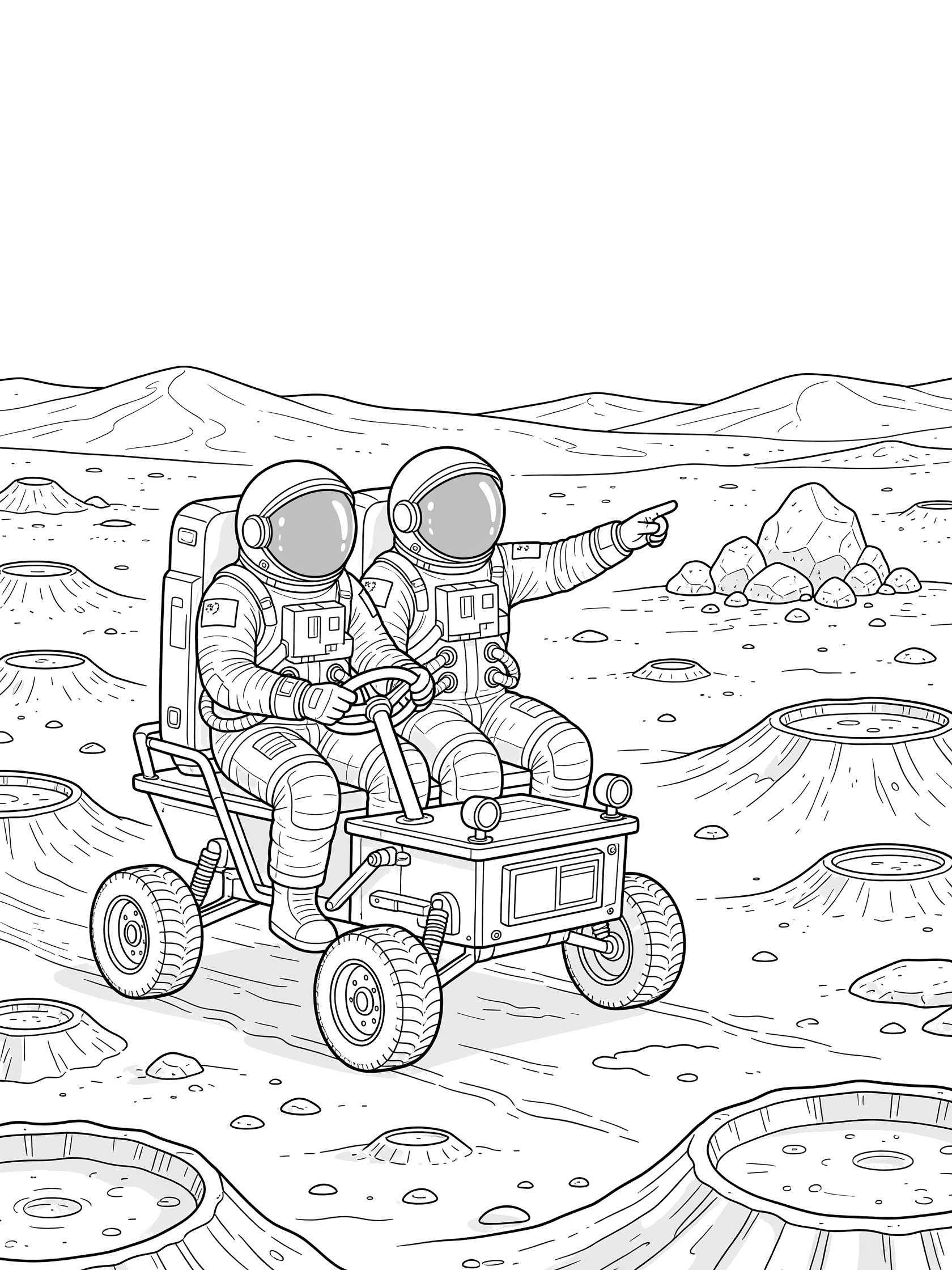 Black-and-white coloring page of two Chinese astronauts with flag patches driving a lunar rover across bumpy moon terrain, pointing at rocks and hills.