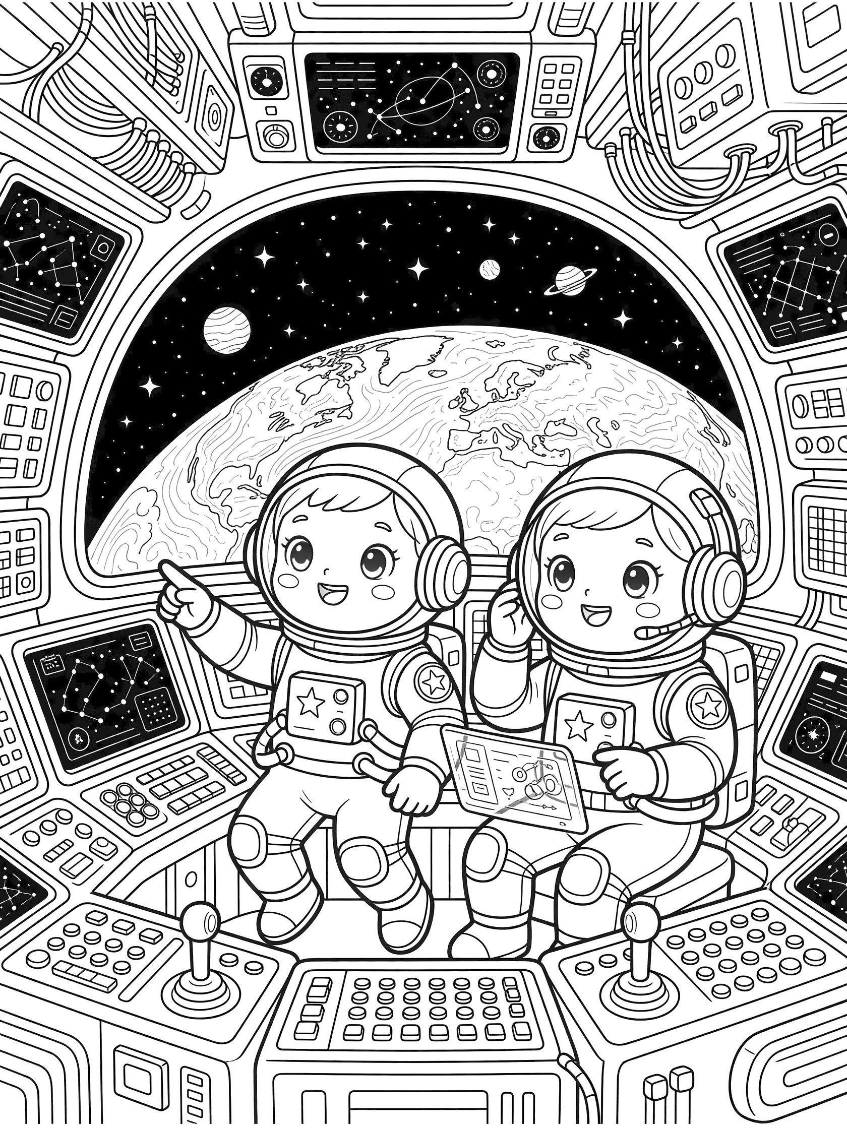 Detailed line art coloring page showing two kawaii Chinese astronauts with big eyes in a futuristic cockpit, pointing at Earth through the viewport with planets and stars.