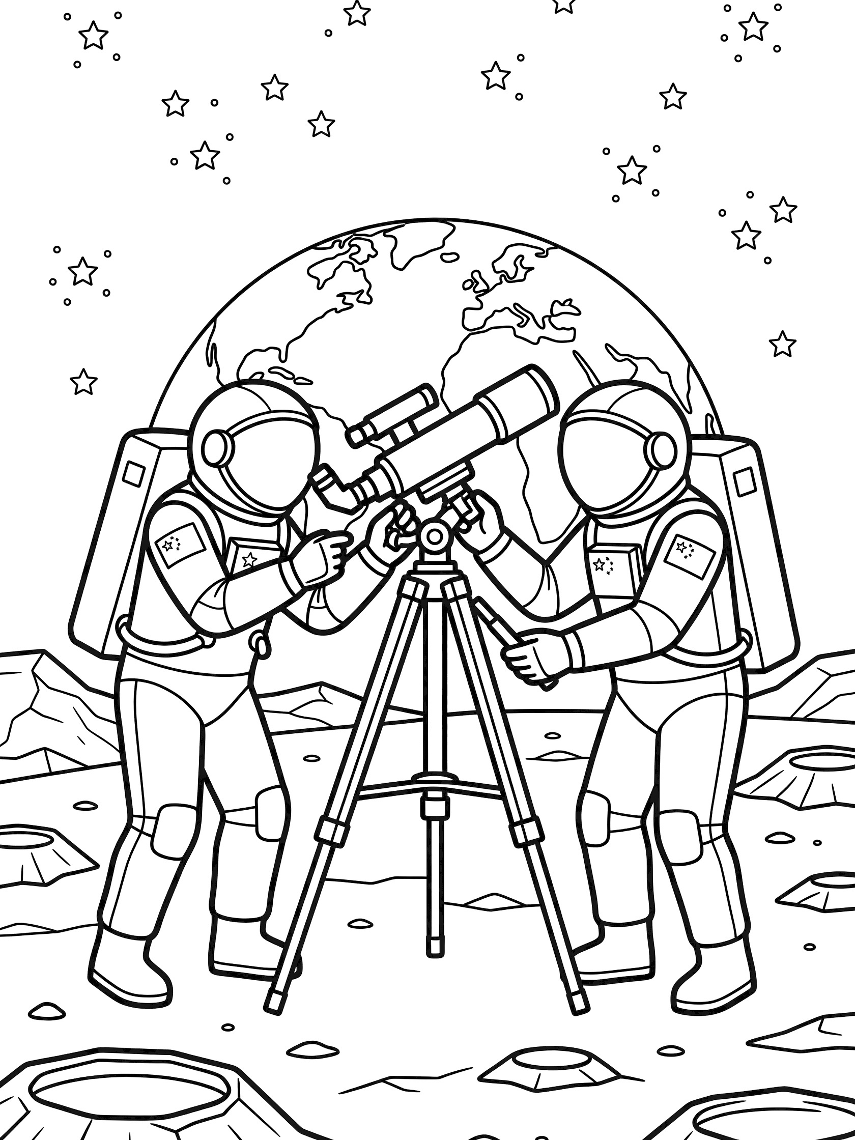 Black and white line art coloring page showing two Chinese astronauts on the moon, one looking through a tripod telescope at starry sky, the other adjusting it, with Earth and craters visible.