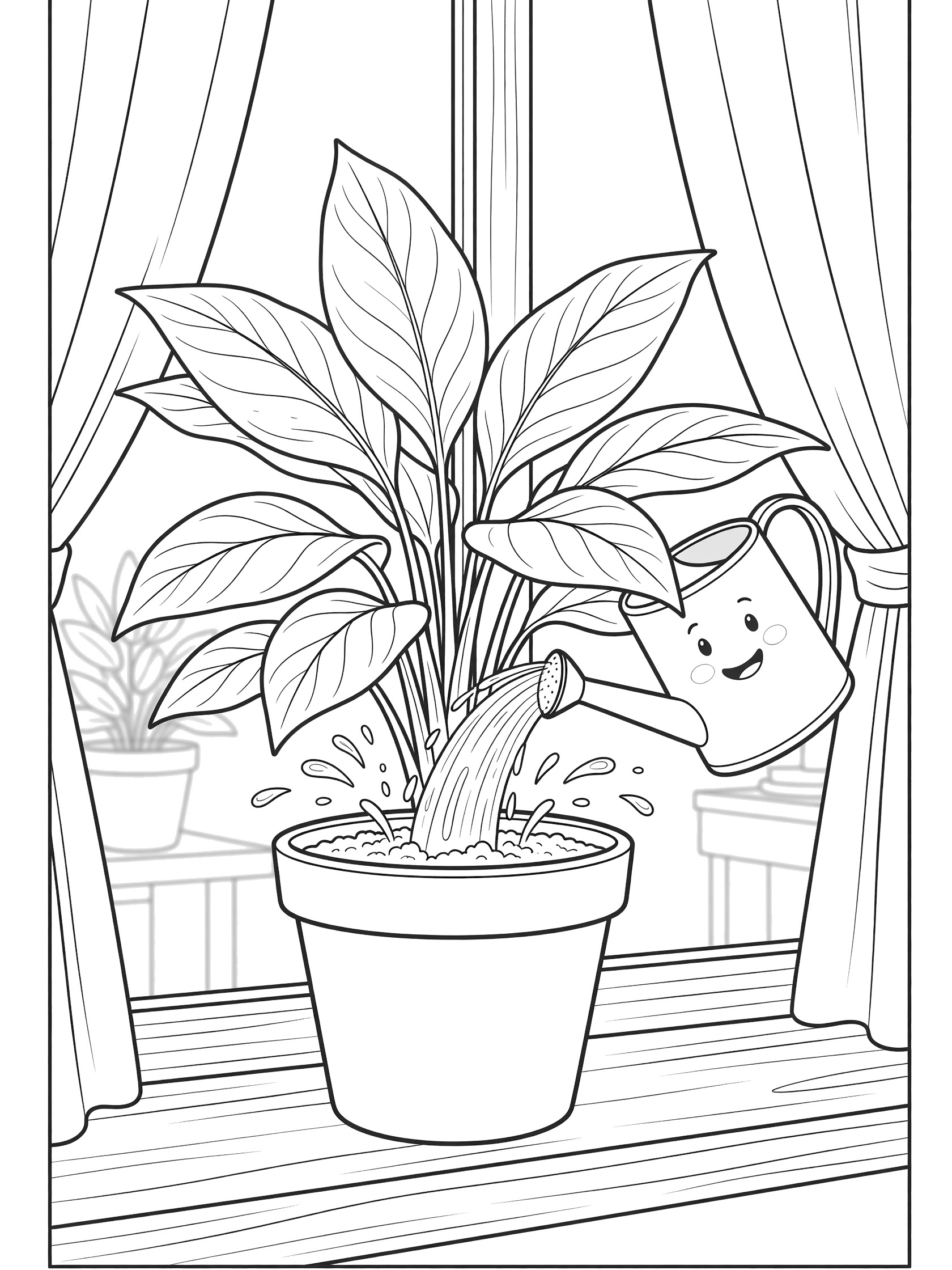 Black and white line art of Chinese Evergreen plant with broad leaves in a pot, happy watering can splashing water, on a wooden windowsill with curtains.