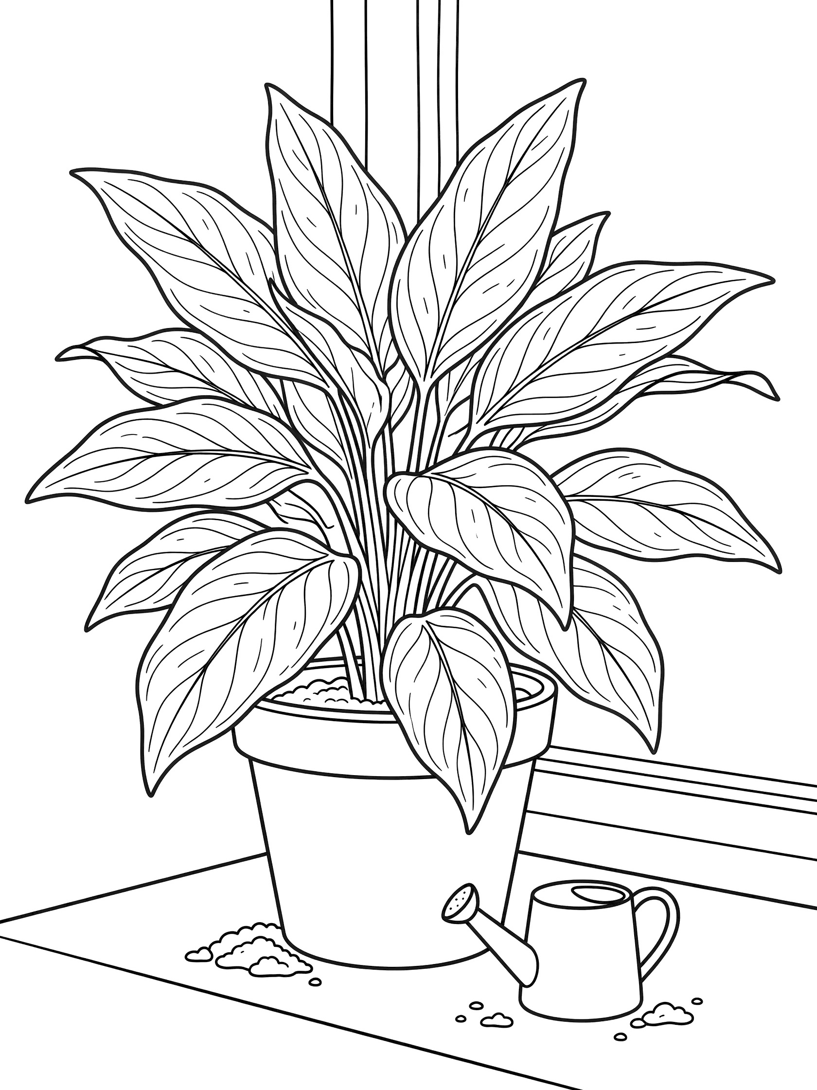 Black and white line art of Chinese Evergreen houseplant with detailed lance-shaped leaves in a pot on a sunny windowsill, next to a small watering can