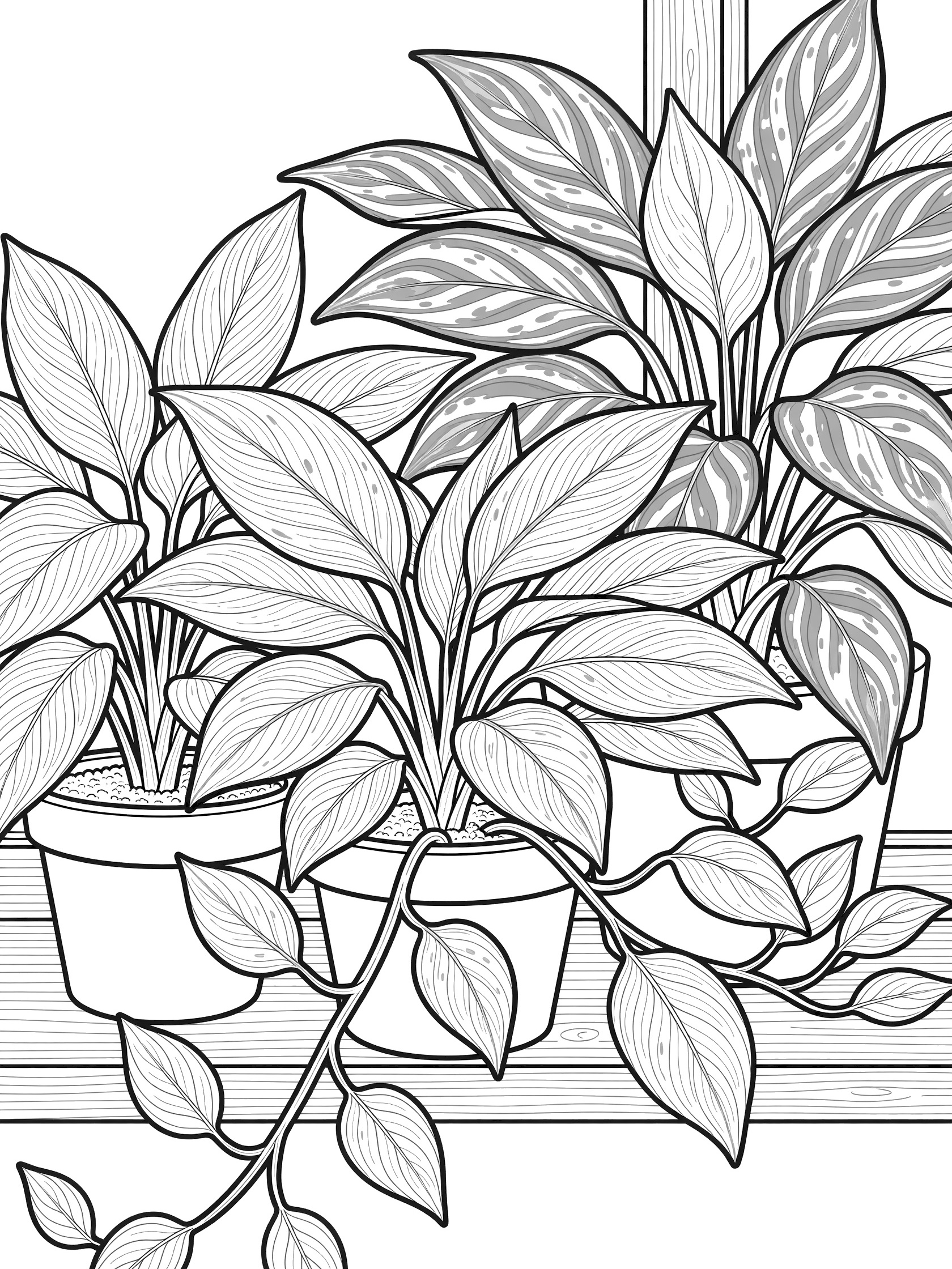 Black-and-white line art coloring page of multiple Chinese Evergreen plants in terracotta pots on a wooden windowsill with lance-shaped variegated leaves and thick outlines.