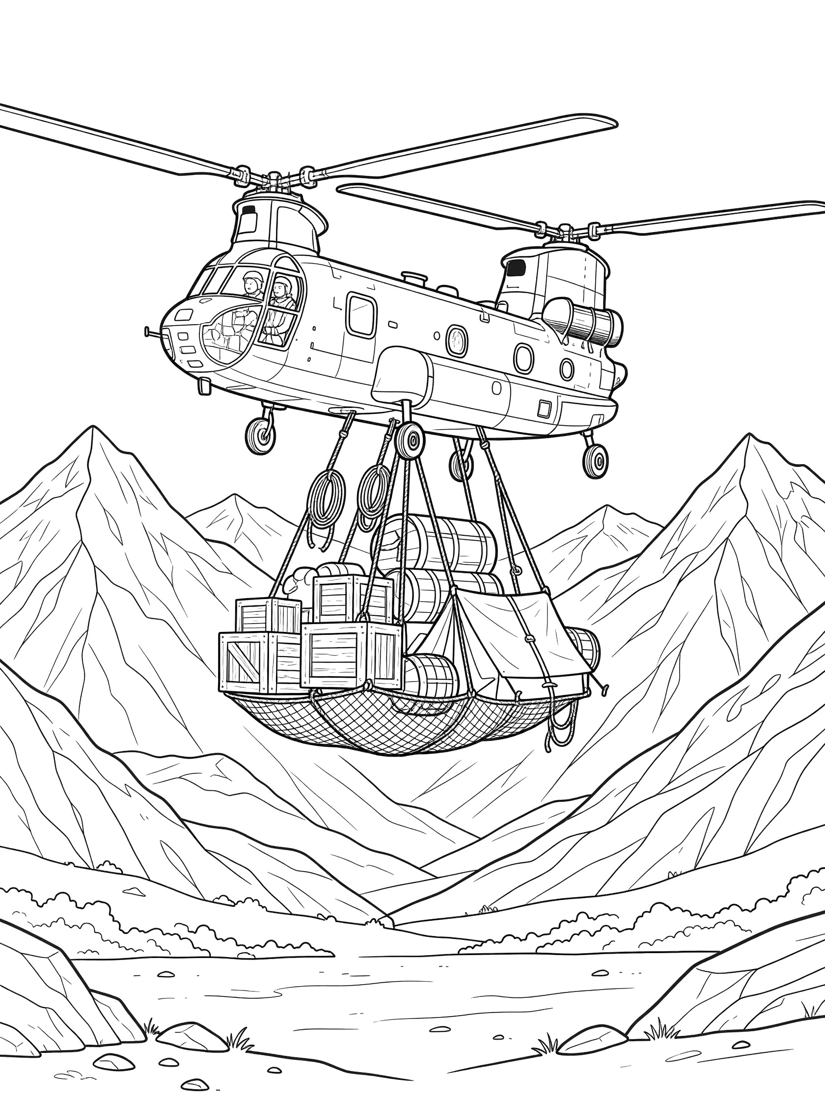 Black and white line art of a Chinook helicopter carrying a slung cargo net loaded with wooden crates, barrels, tents, and ropes over rugged mountains.
