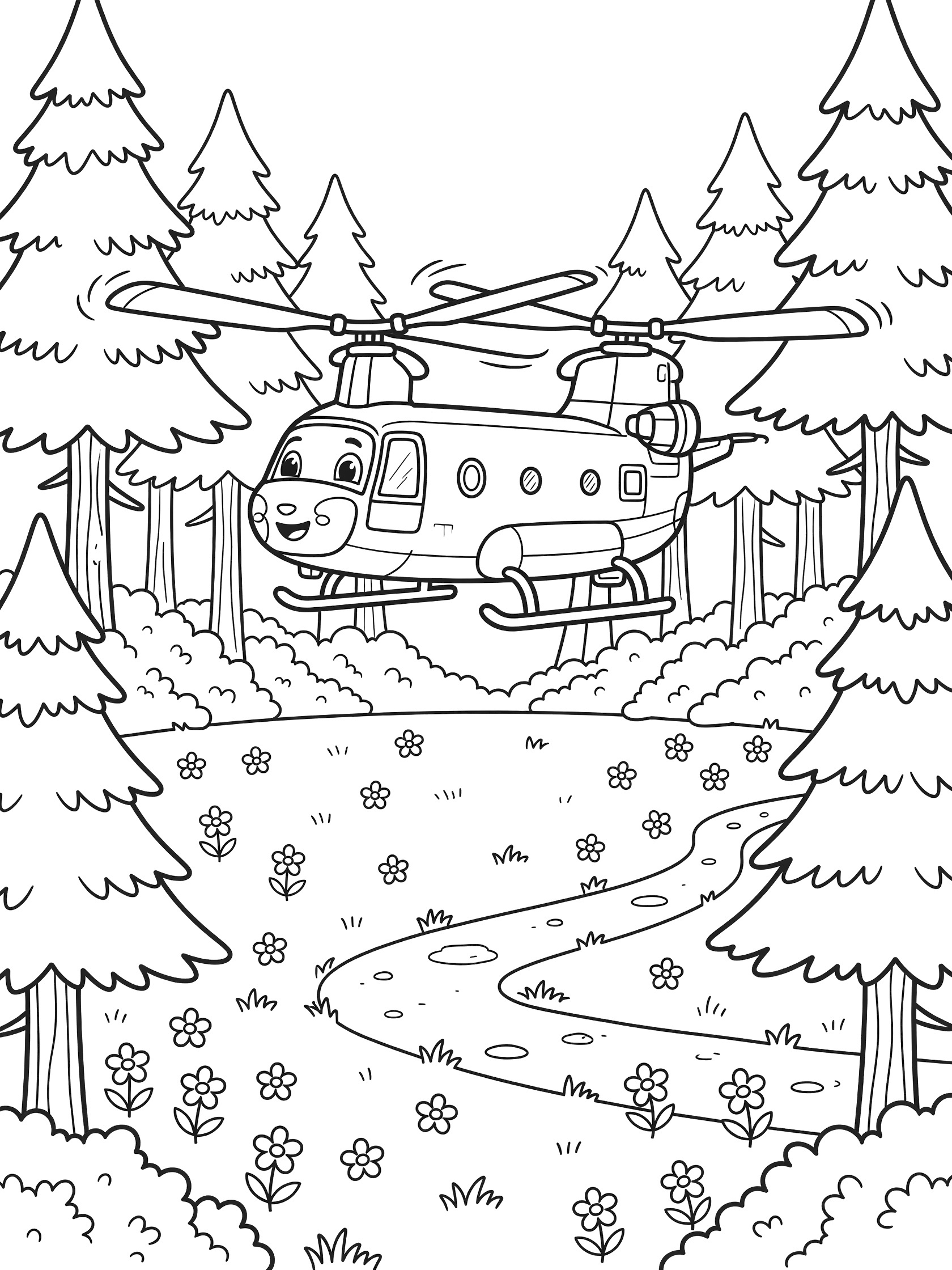 Cute cartoon Chinook helicopter with friendly face hovering over forest clearing, surrounded by pine trees, grass, wildflowers, and dirt path - printable coloring page