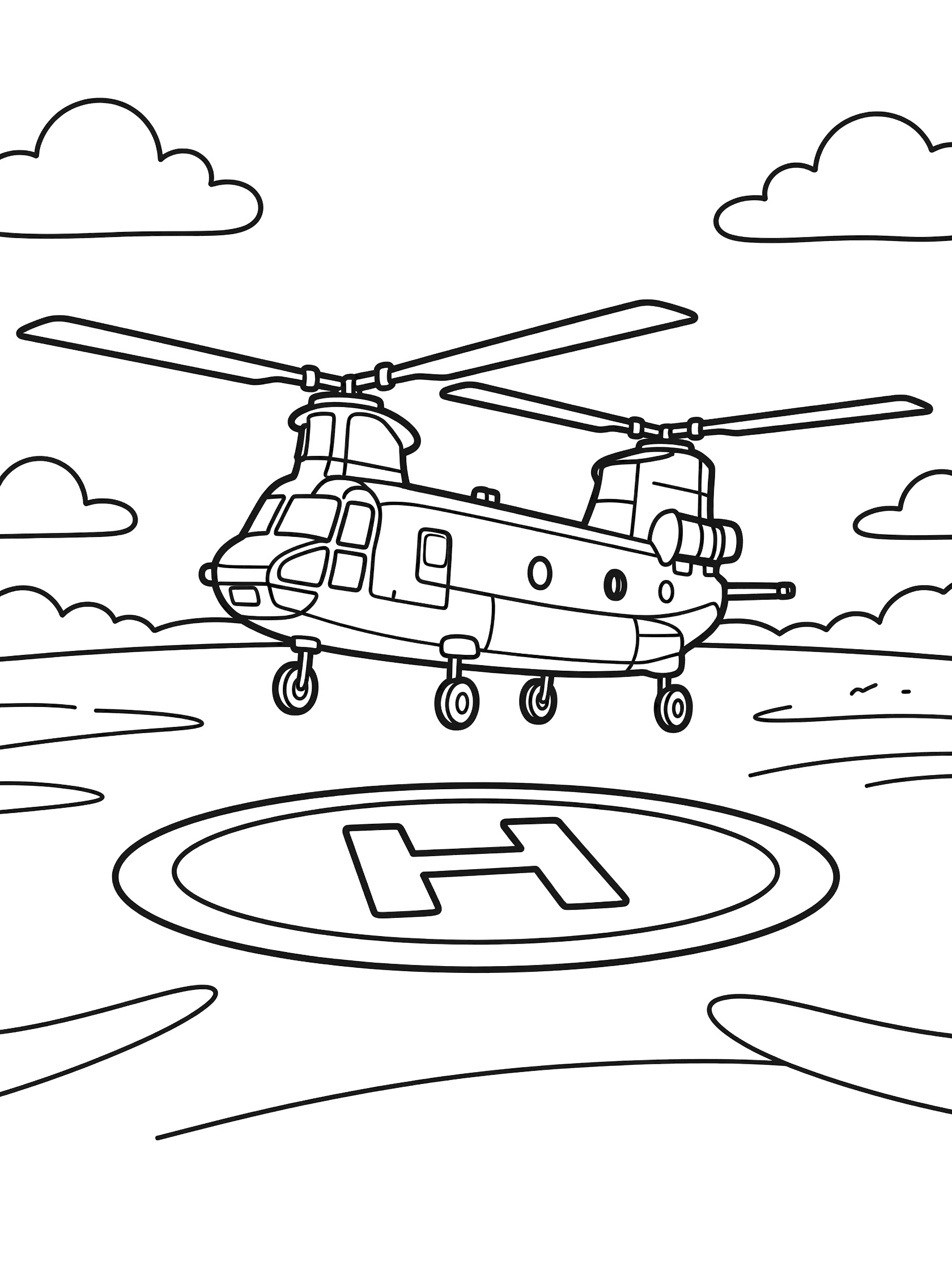 Doodle-style line art of Chinook helicopter landing on helipad with extended landing gear, tandem rotors tilted, on open field with clouds.