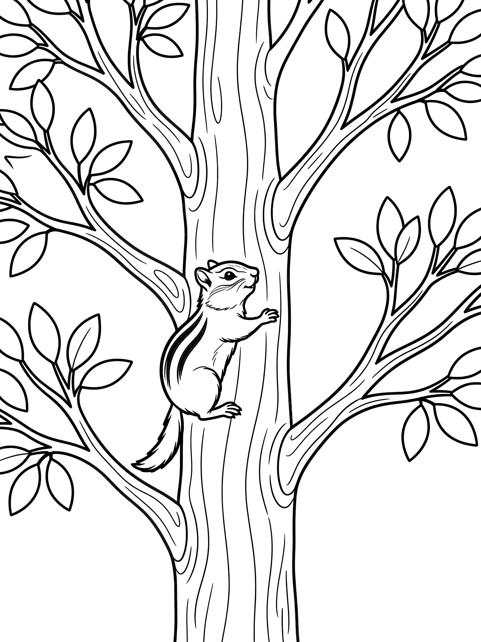 Black and white line art coloring page showing a chipmunk gripping the trunk of a tall tree with knobby branches and simple leaves, climbing upward.