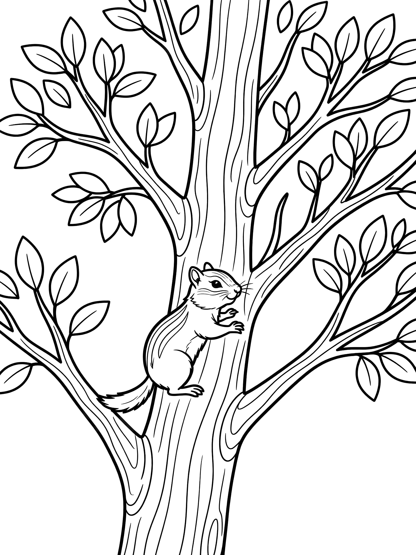 Black and white line art coloring page showing a chipmunk gripping the bark of a tree trunk with claws, surrounded by tree branches and leaves.