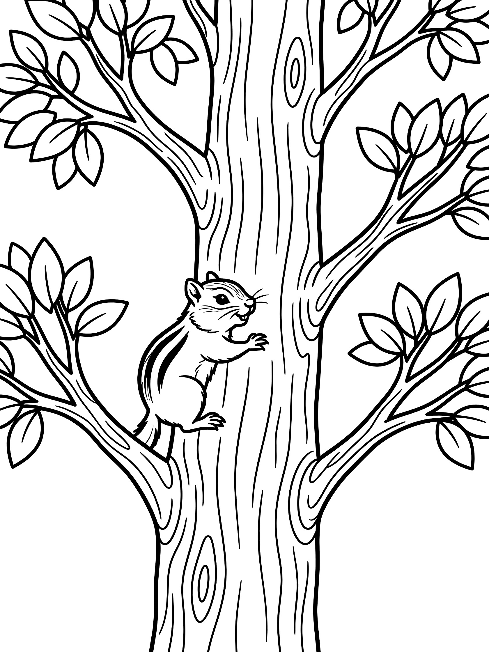 Black and white line art coloring page showing a chipmunk gripping the bark of a tall tree trunk with branches and leaves.