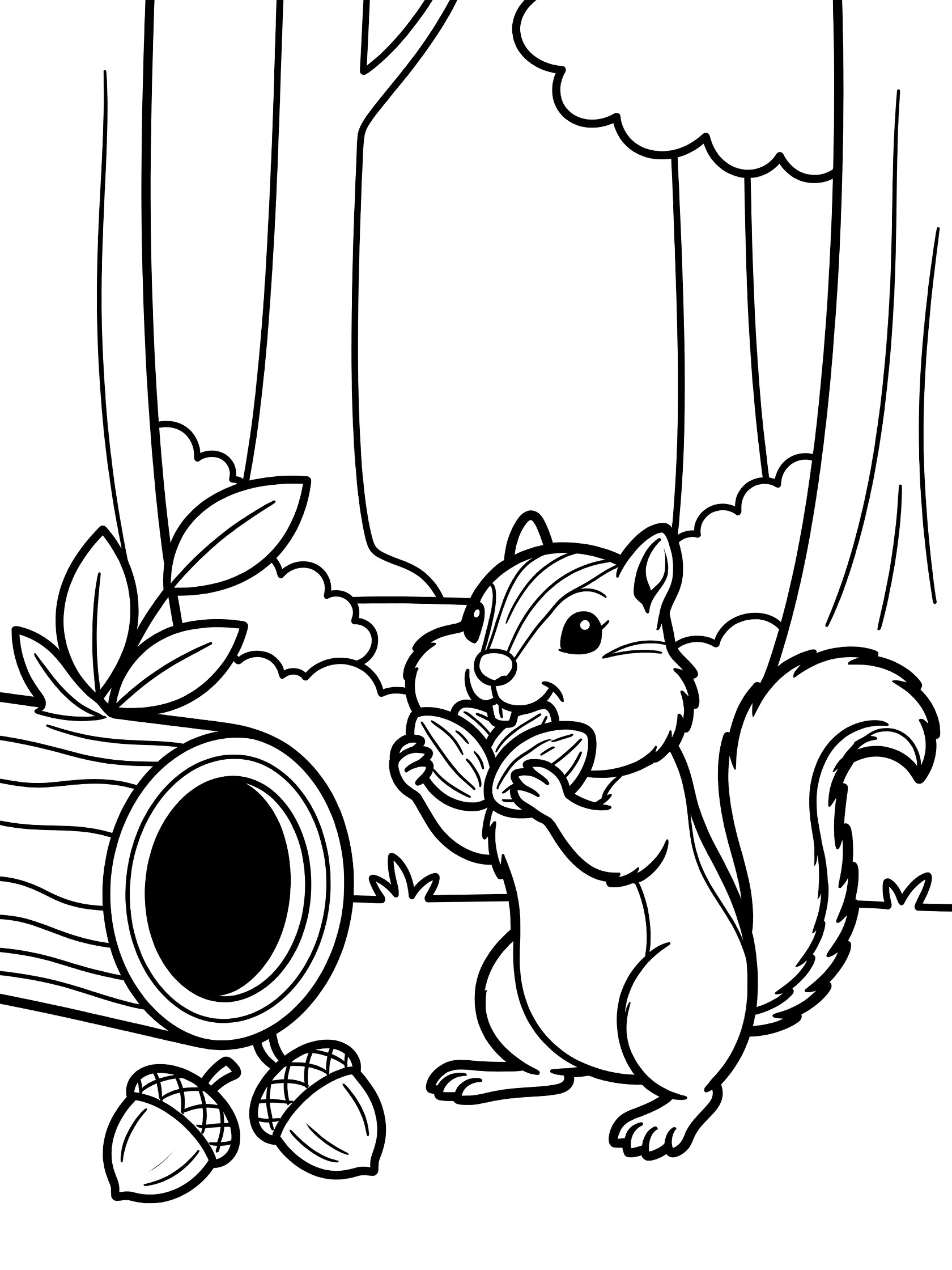 Black and white line art coloring page showing a chipmunk eating acorns next to a hollow log with trees and leaves in the background.