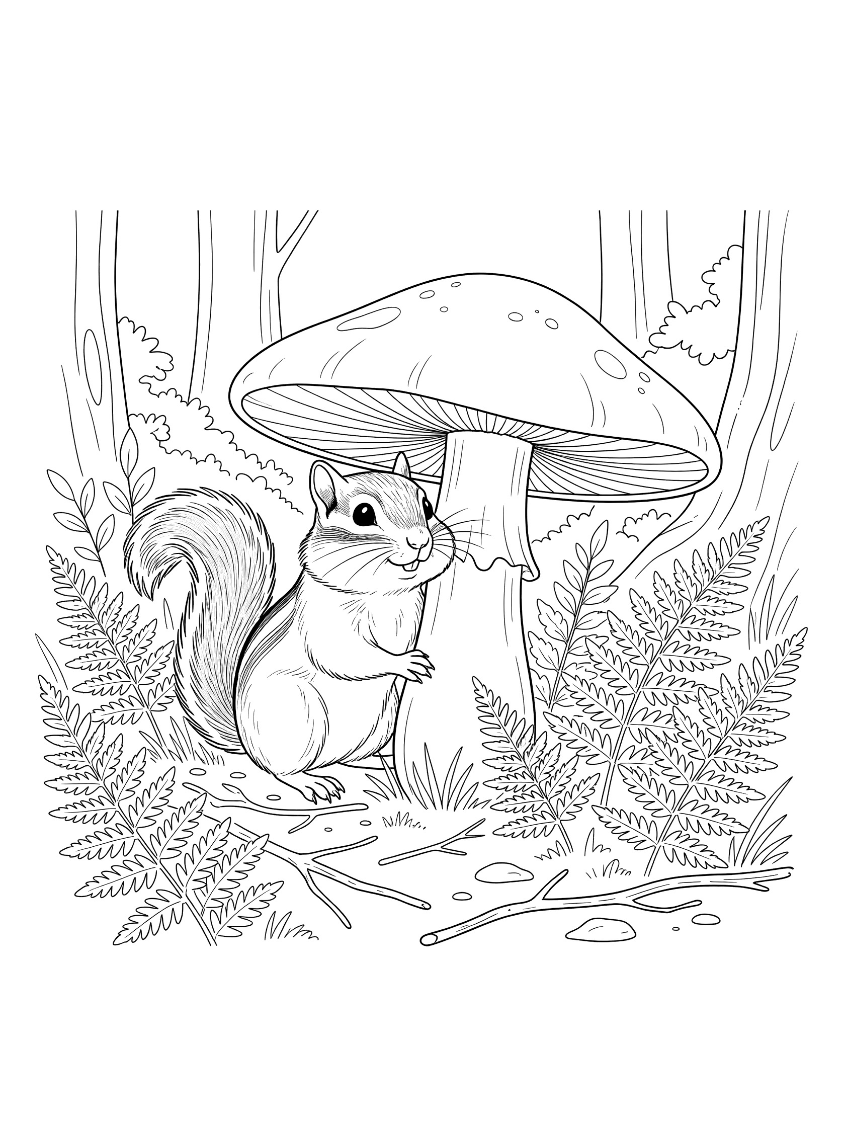 Black and white line art coloring page showing a chipmunk peeking out from a big mushroom surrounded by ferns and forest ground in a shady spot.