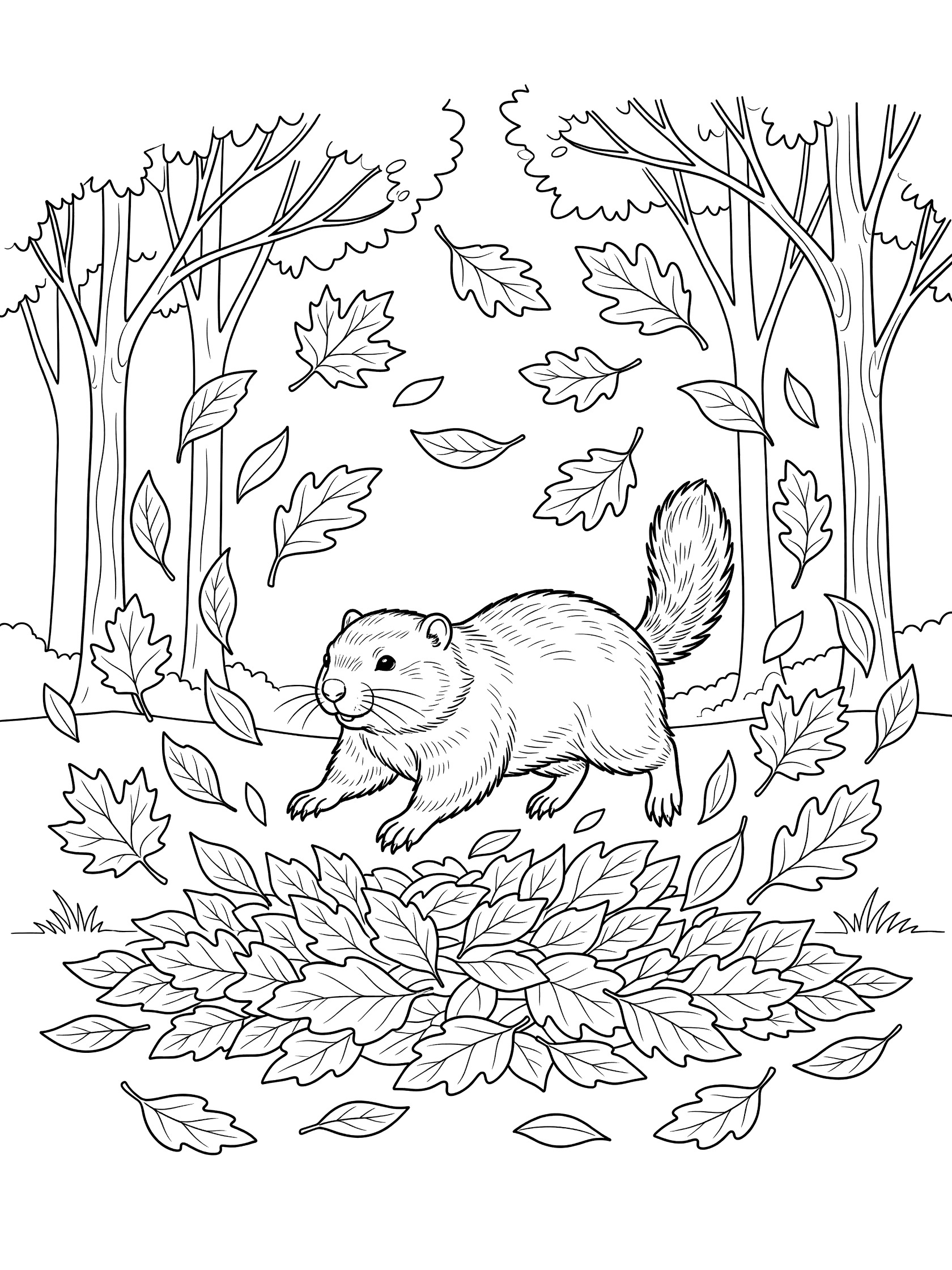 Black and white line art coloring page showing a chipmunk amid swirling autumn leaves and simple trees. Woodchuck themed black and white printable line art