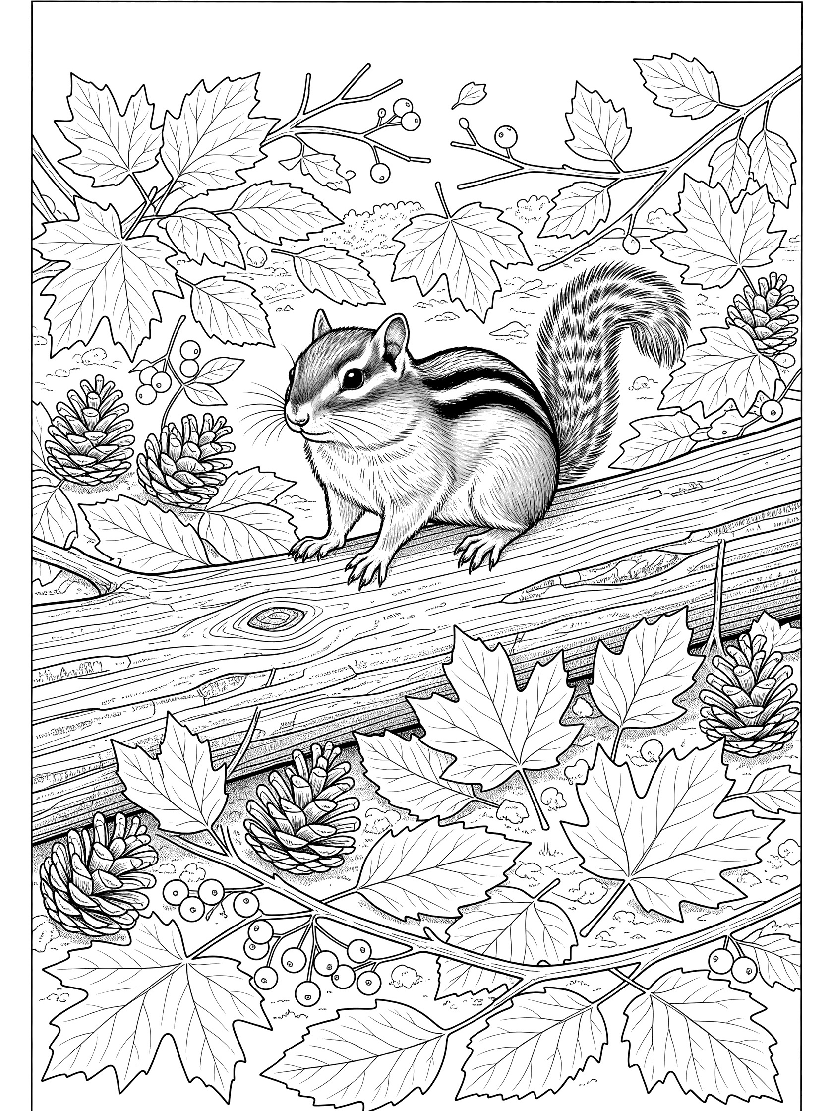 Black and white coloring page of a detailed chipmunk perched on a textured log with fallen autumn leaves, pinecones, twigs, berries, and forest leaves around it.