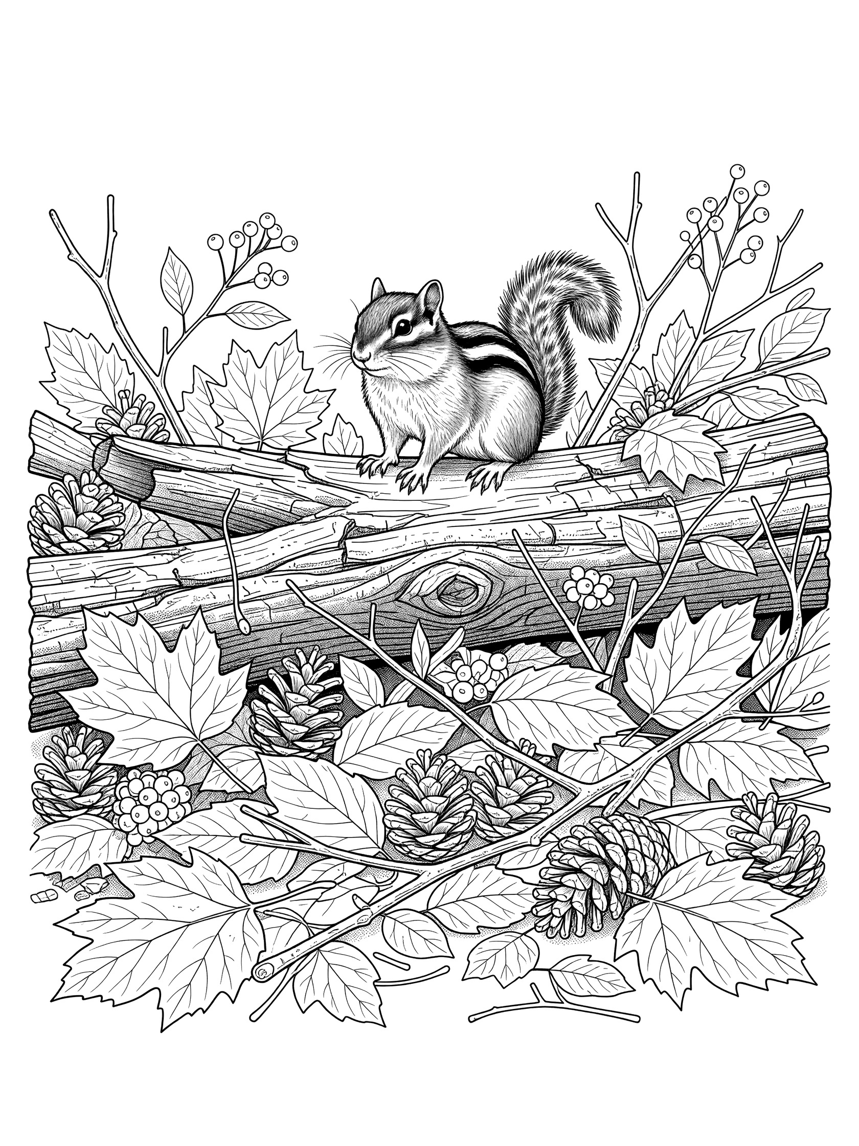 Black and white line art of a detailed chipmunk on a textured log surrounded by fallen leaves, pinecones, twigs, and berries.