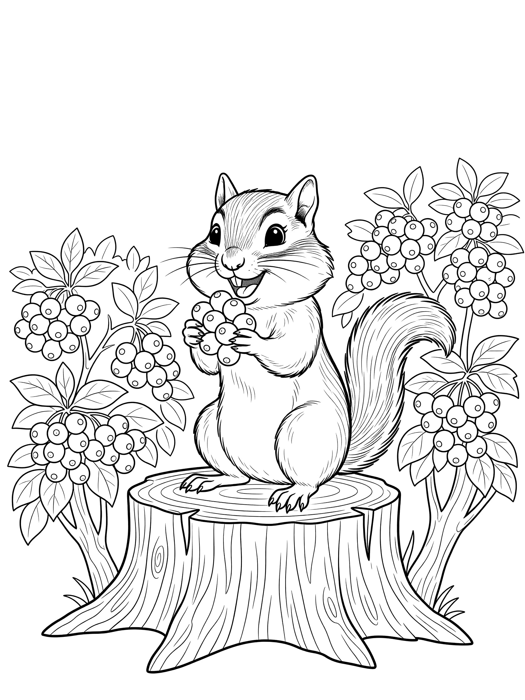 Black and white line art coloring page showing a chipmunk on a stump holding berries in its paws with berry bushes around it
