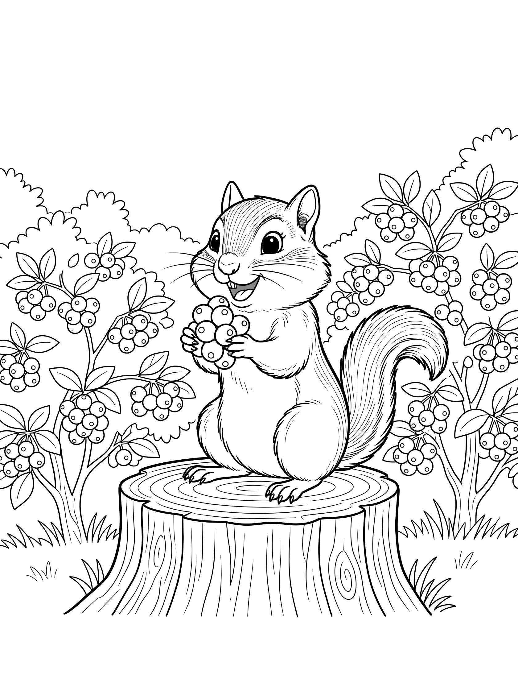 Black and white line art coloring page showing a chipmunk on a tree stump holding and eating berries with nearby bushes.
