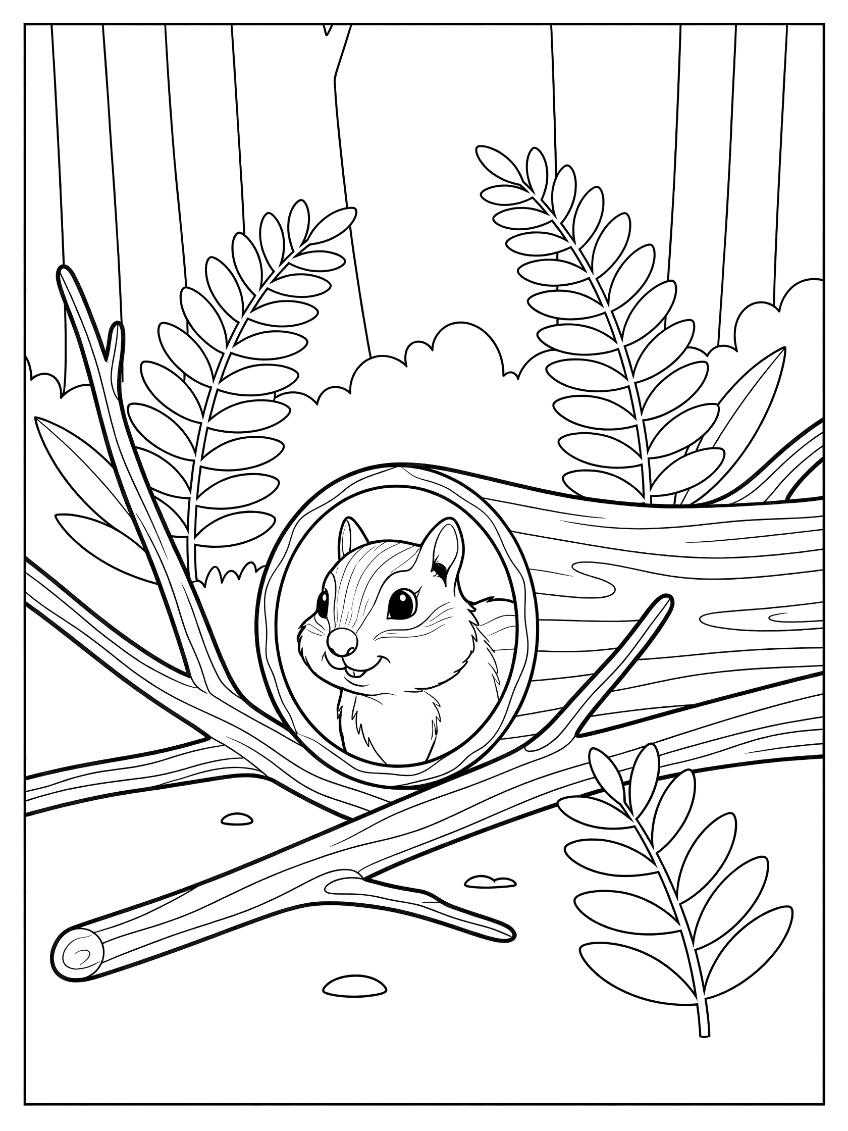 Black and white line art coloring page showing a cute chipmunk with big eyes peeking its head out from inside a hollow log surrounded by ferns and twigs.