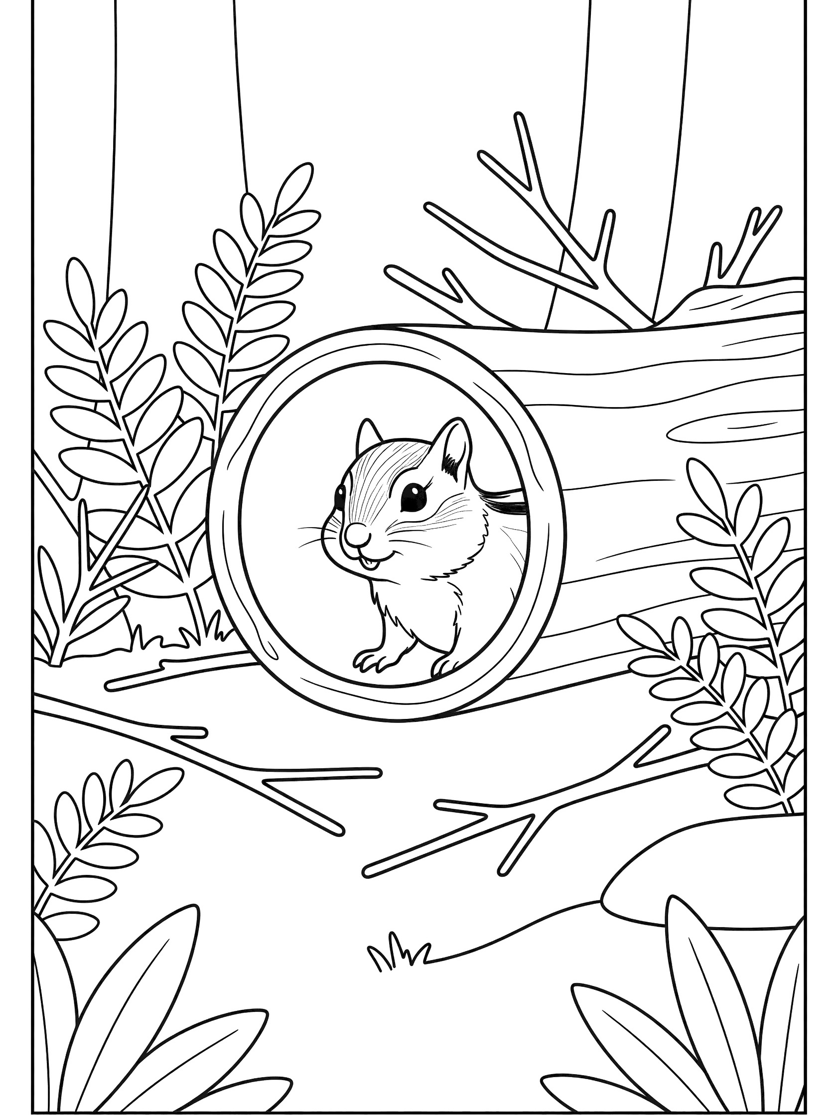 Black and white line art coloring page showing a chipmunk with striped back peeking head and paw from round hollow log surrounded by ferns and twigs on white background