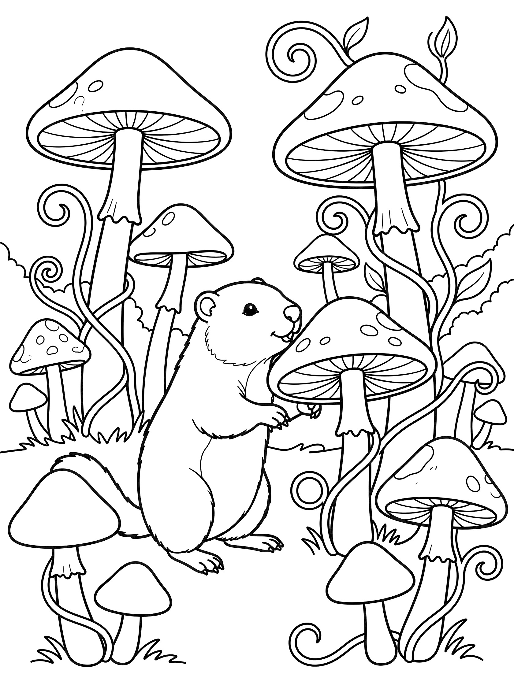 Black and white line art coloring page showing a chipmunk on hind legs sniffing a tall mushroom surrounded by other mushrooms and curly vines. Woodchuck themed black and white printable line art
