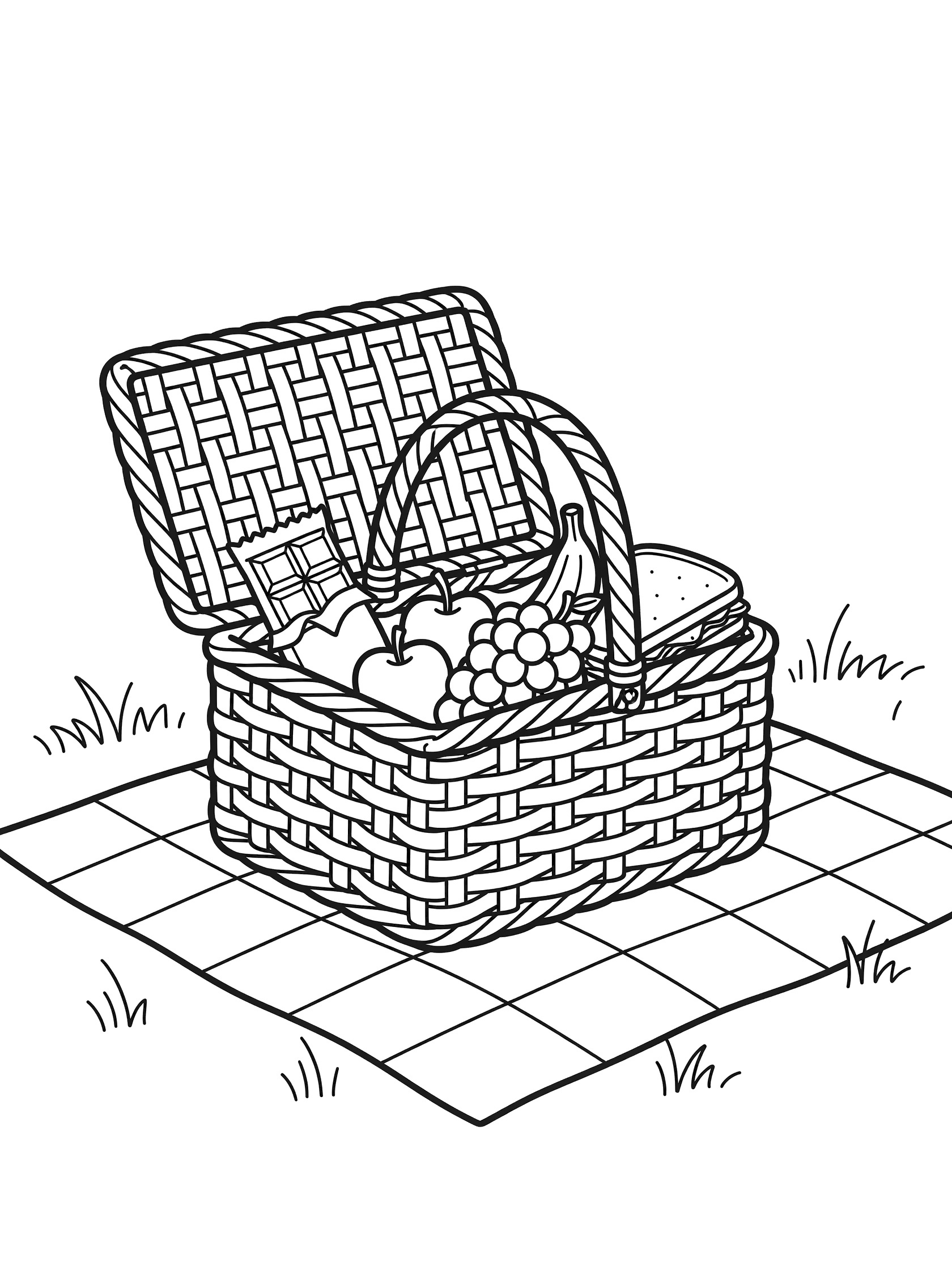Line art coloring page showing a chocolate bar wrapper sticking out of a wicker picnic basket on a checkered blanket with apples, grapes, sandwich and grass.