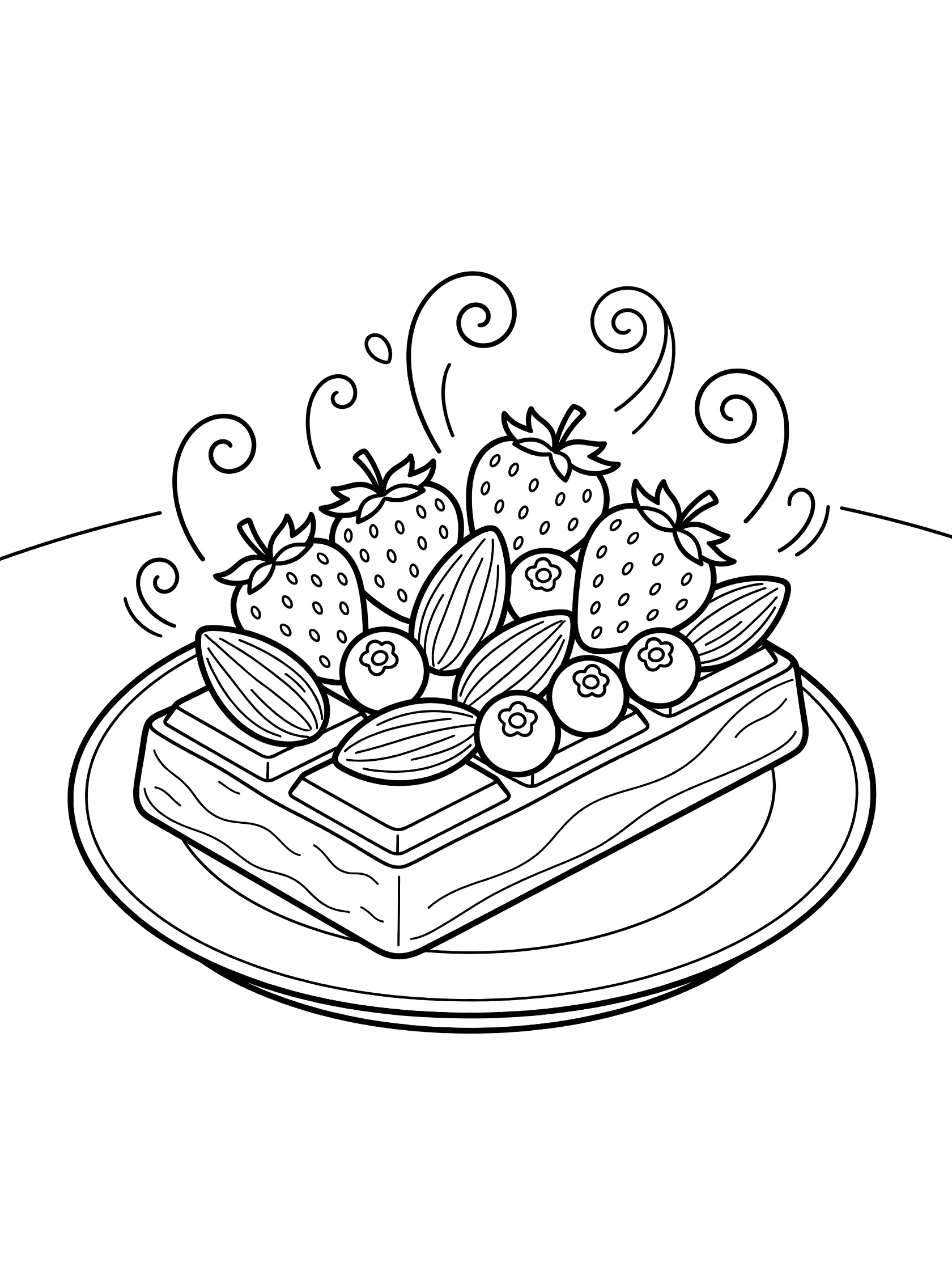 Black and white coloring page of a chocolate bar topped with almonds, strawberries and blueberries on a small plate