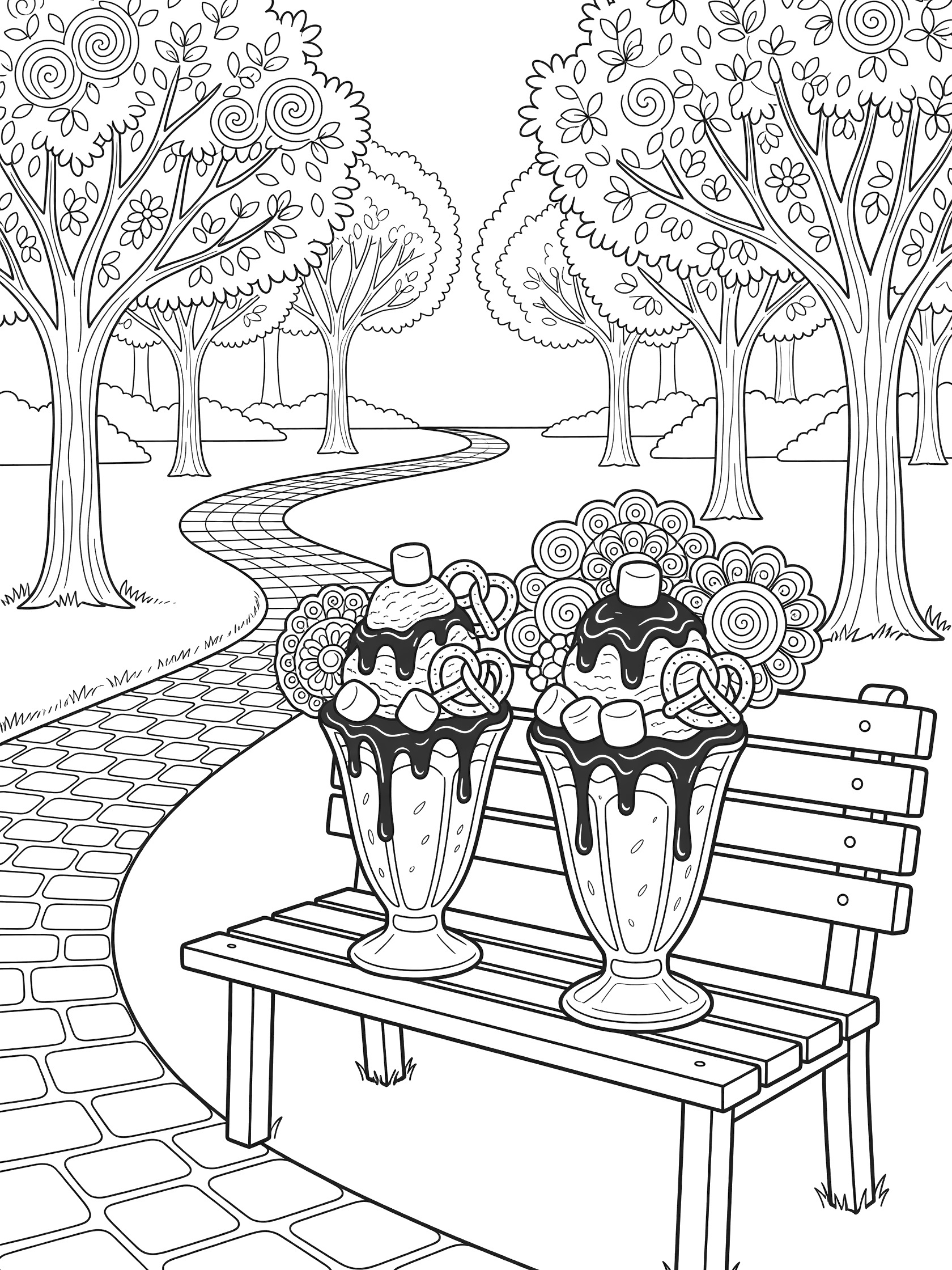 Printable coloring page of two sundaes with chocolate drizzle, marshmallows, pretzels, and swirls on a park bench surrounded by trees and a pathway.