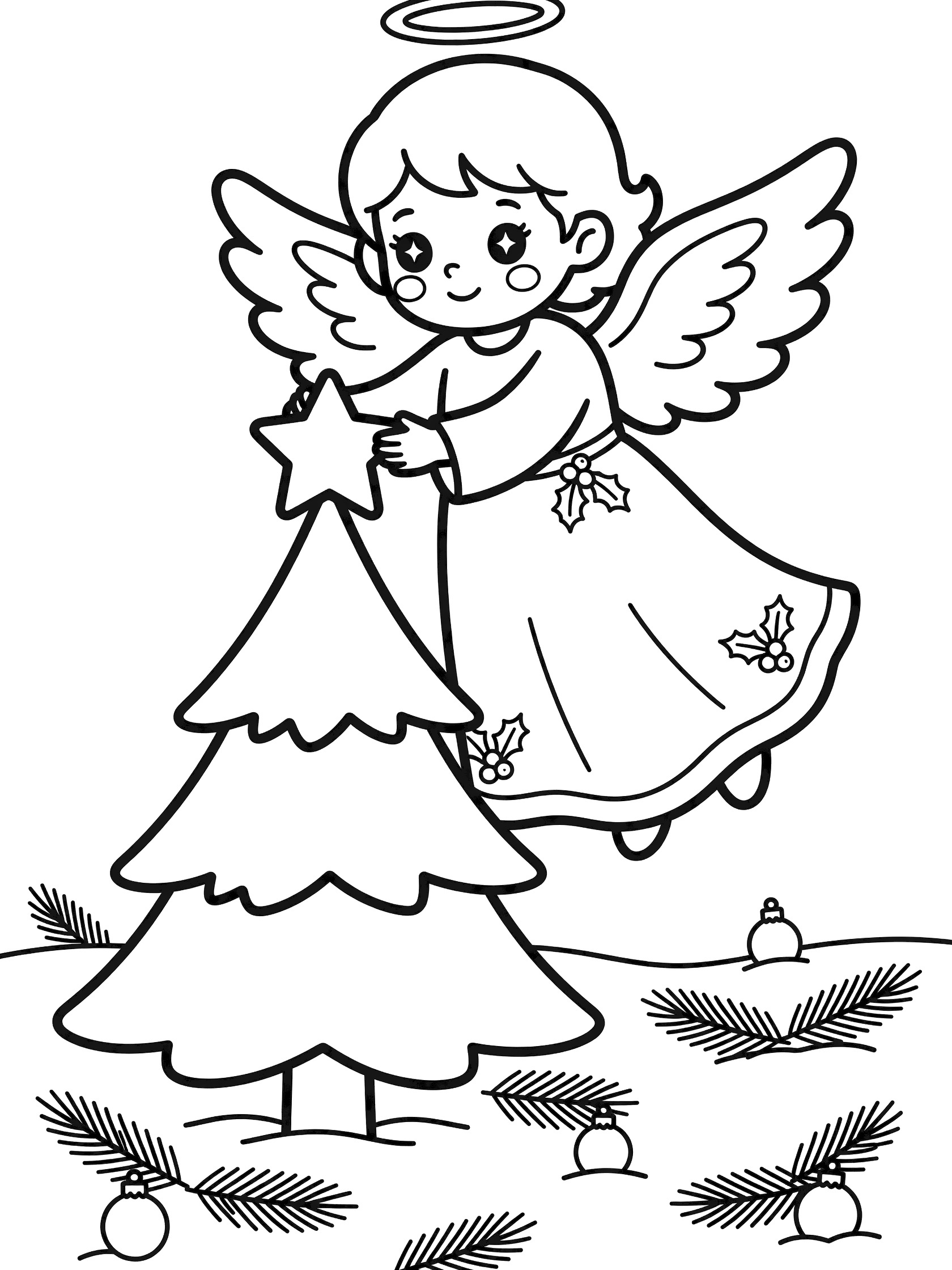 Black and white line art of a smiling cartoon Christmas angel with big eyes, halo, and wings, gently topping a simple Christmas tree with a large star. Snowy ground with pine branches and ornaments below.