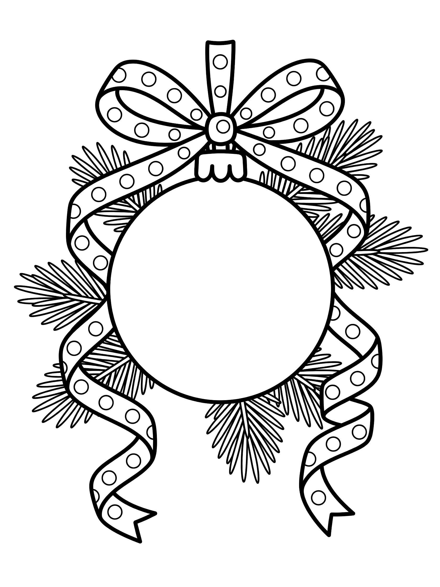 Black and white coloring page of a large round Christmas ornament with polka dots, topped by a curly ribbon bow and surrounded by pine needles.