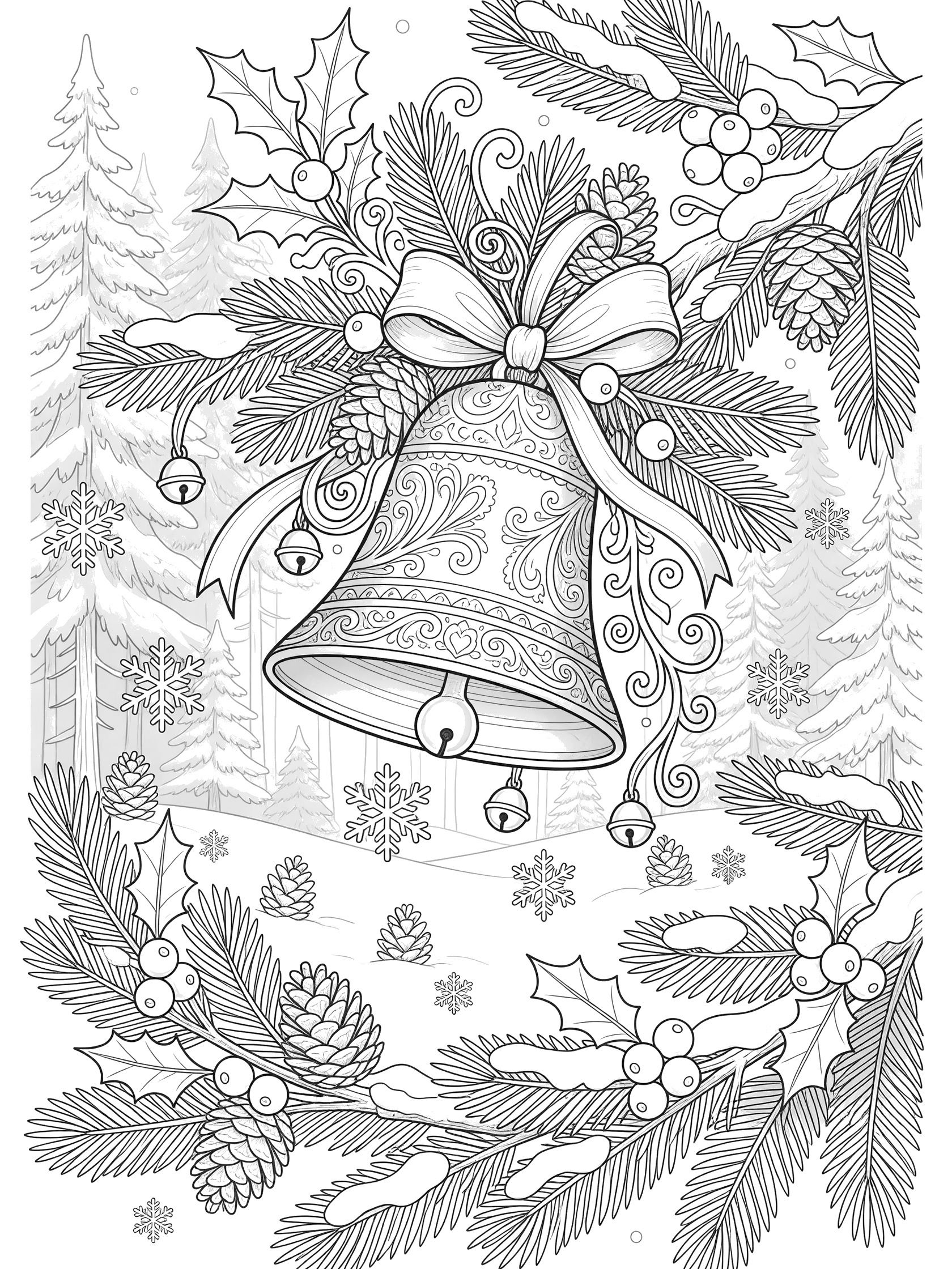 Line art coloring page of ornate Christmas bell dangling from frost-covered pine branch surrounded by holly berries, pine cones, ribbons, jingle bells, falling snow and pine trees.