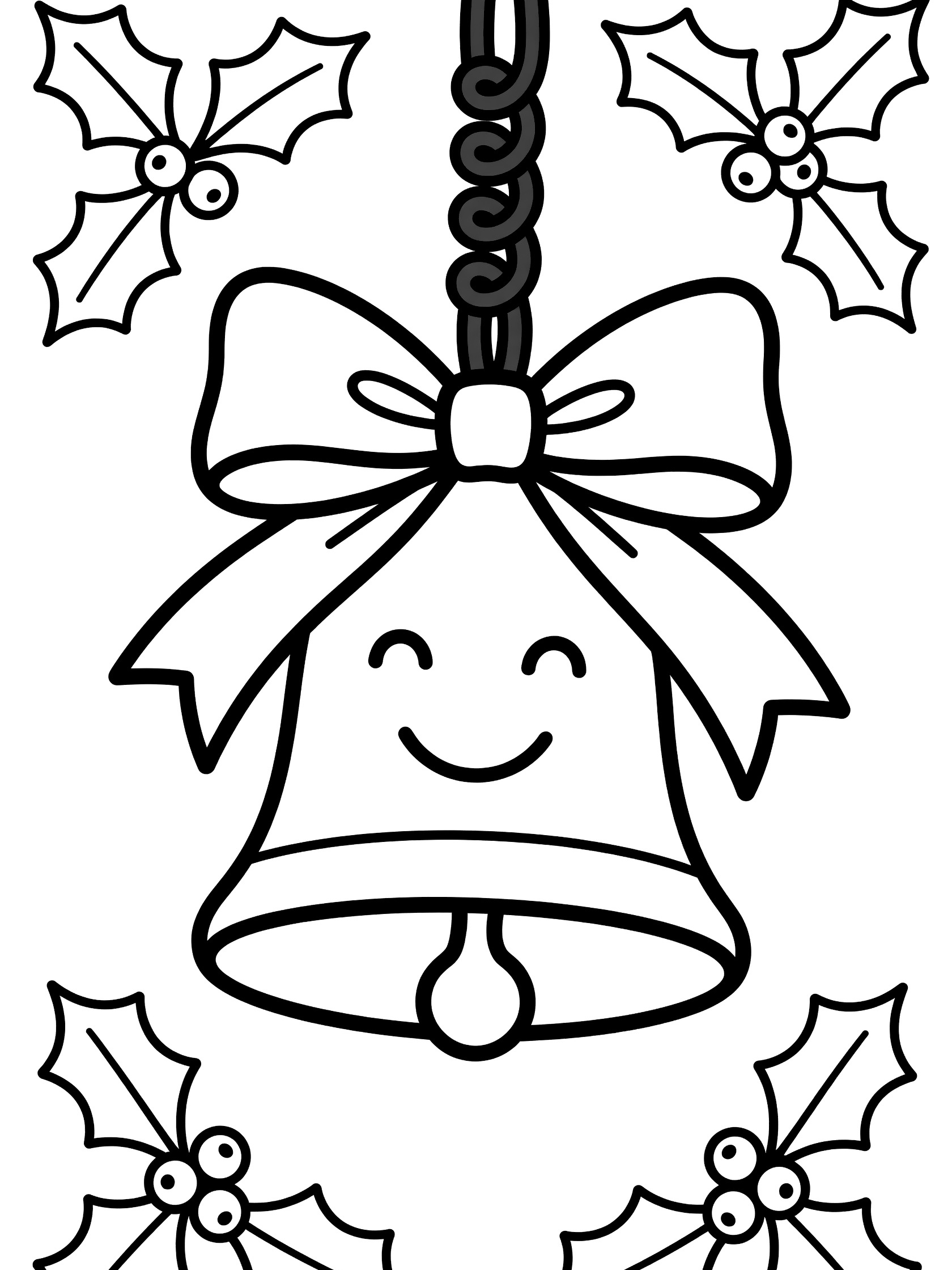 Black and white coloring page showing a cute cartoon bell with happy face, large ribbon bow on top, hanging from curly ribbon, clapper inside, surrounded by holly leaves and berries