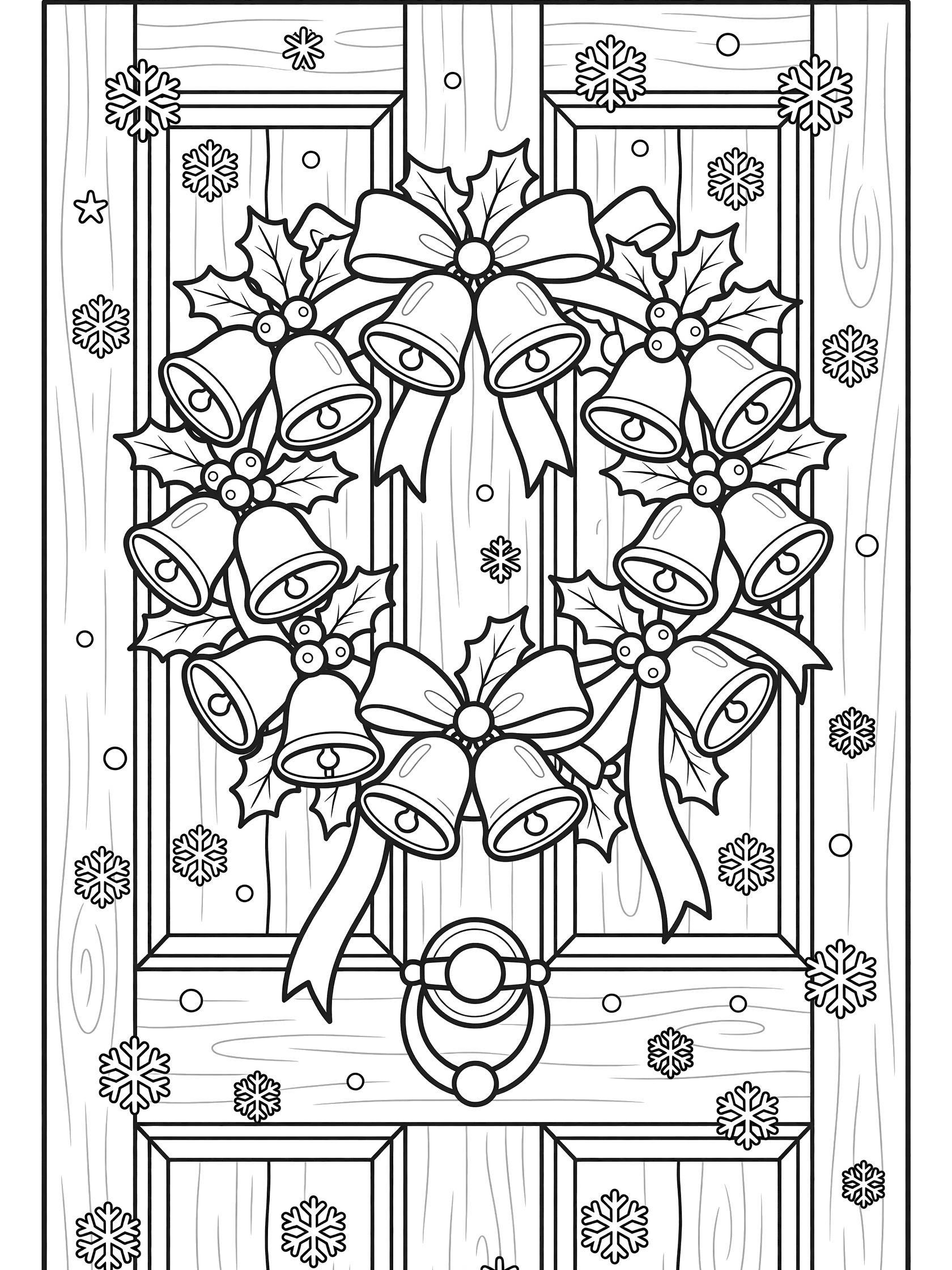 Black and white line art coloring page showing a Christmas wreath made of bells and ribbons hanging on a wooden front door with holly, berries, brass knocker, and swirling snowflakes