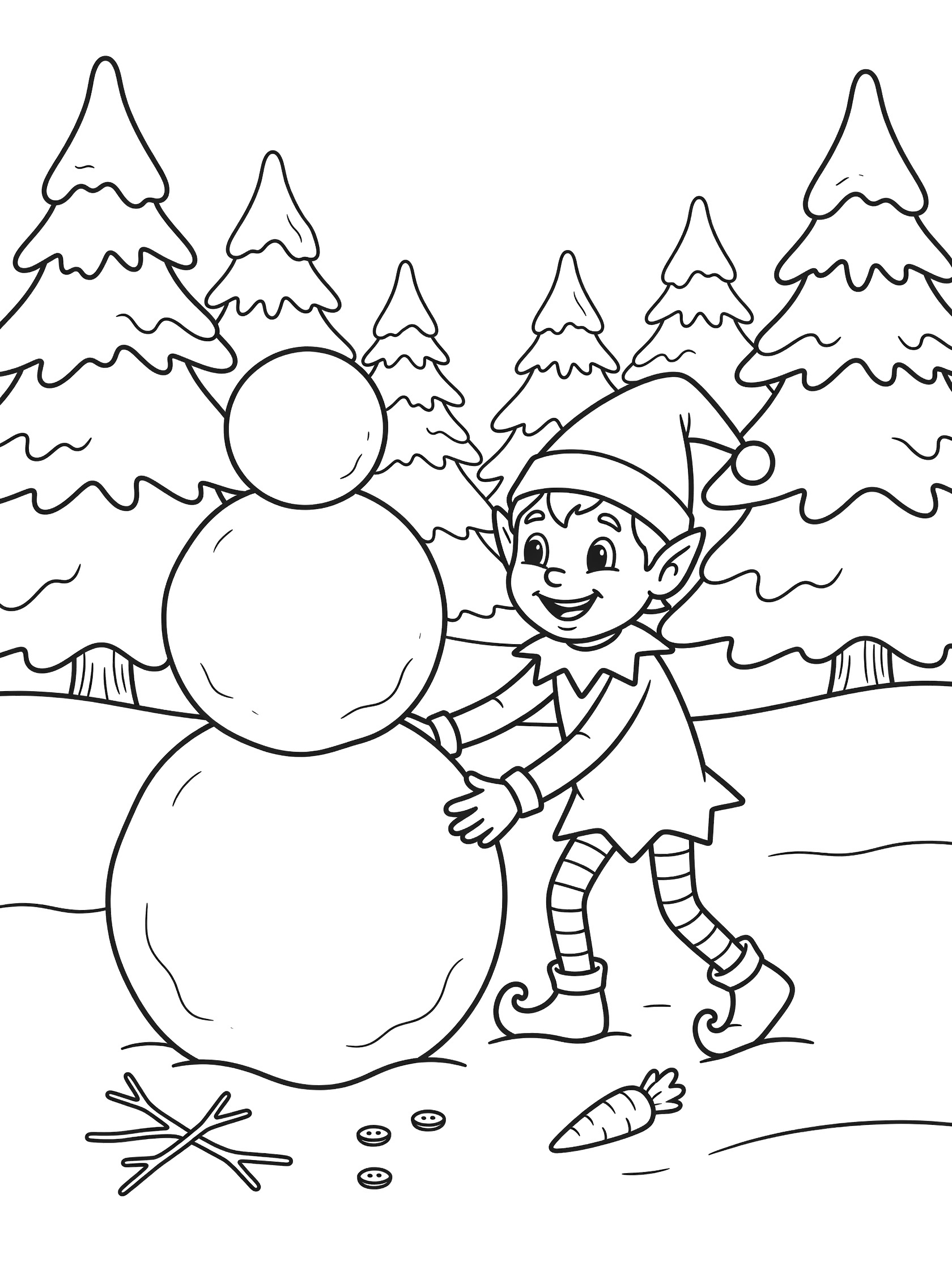 Black and white line art of a smiling Christmas elf in pointy hat and striped stockings stacking snowballs to make a snowman, with carrot, twigs, coal, and snow-covered trees.