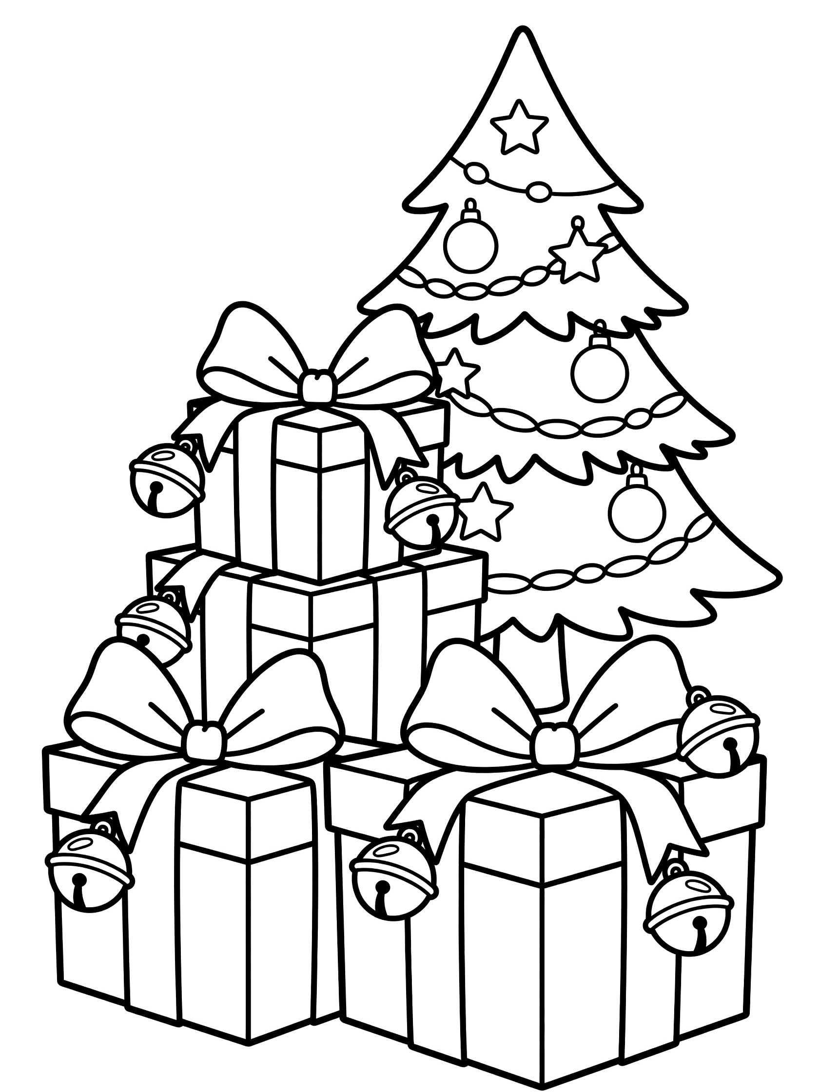Black and white coloring page of stacked oversized Christmas presents topped with jingle bells and bows, next to a decorated Christmas tree.