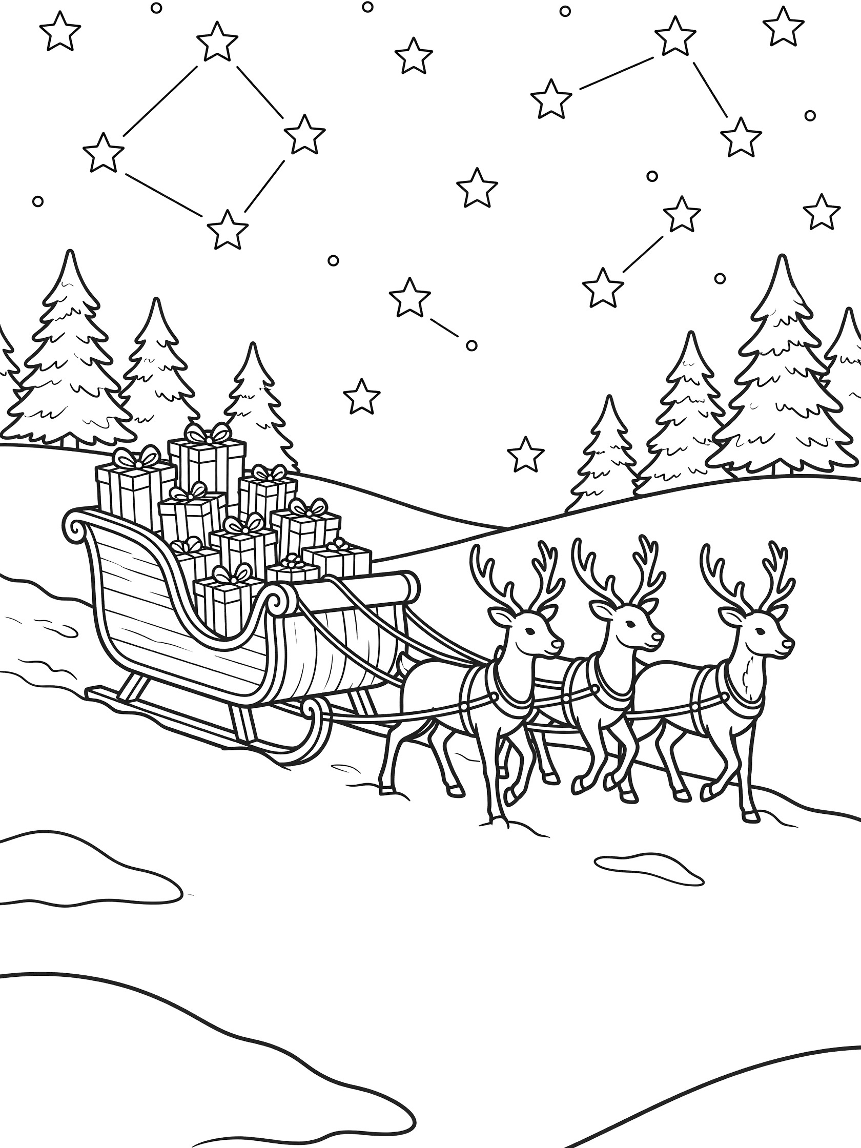 Black and white coloring page of a sleigh full of Christmas presents harnessed to reindeer on a snowy hill with starry sky and pine trees.