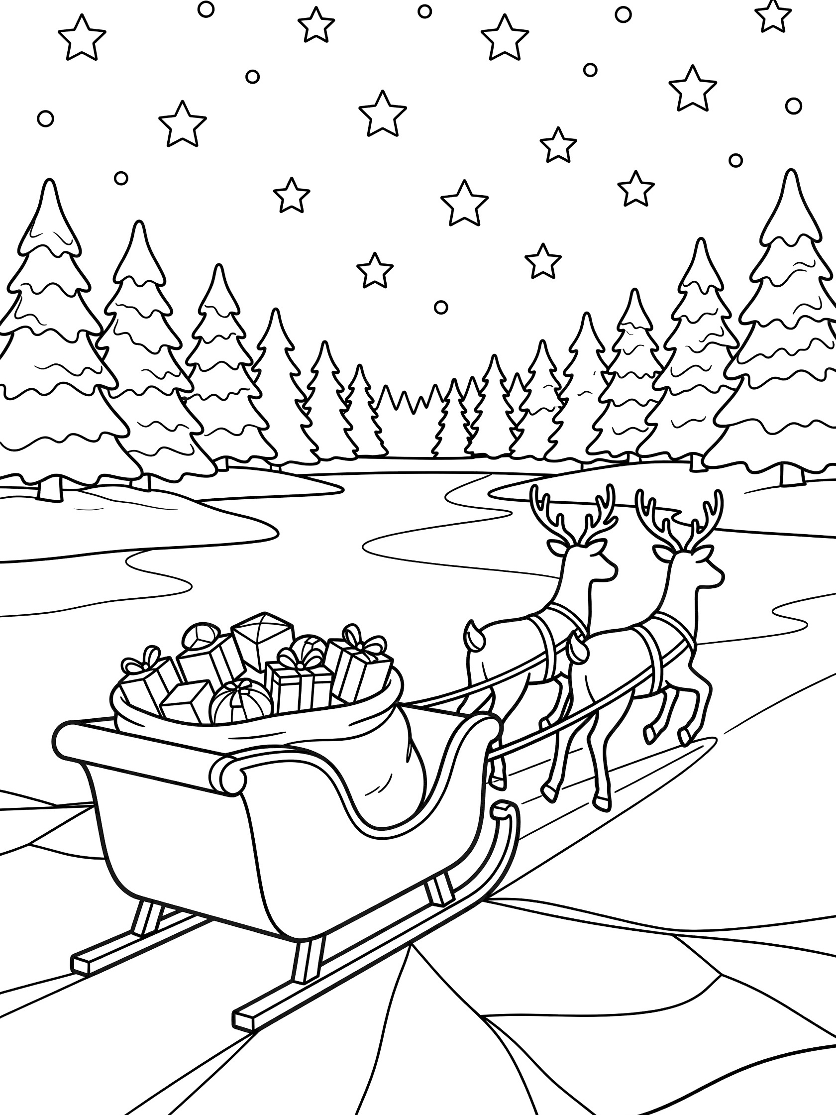 Black and white line art coloring page showing a wooden sleigh with toy sack pulled by two reindeer across a frozen lake with ice cracks, surrounded by snow-covered pine trees under a starry sky.