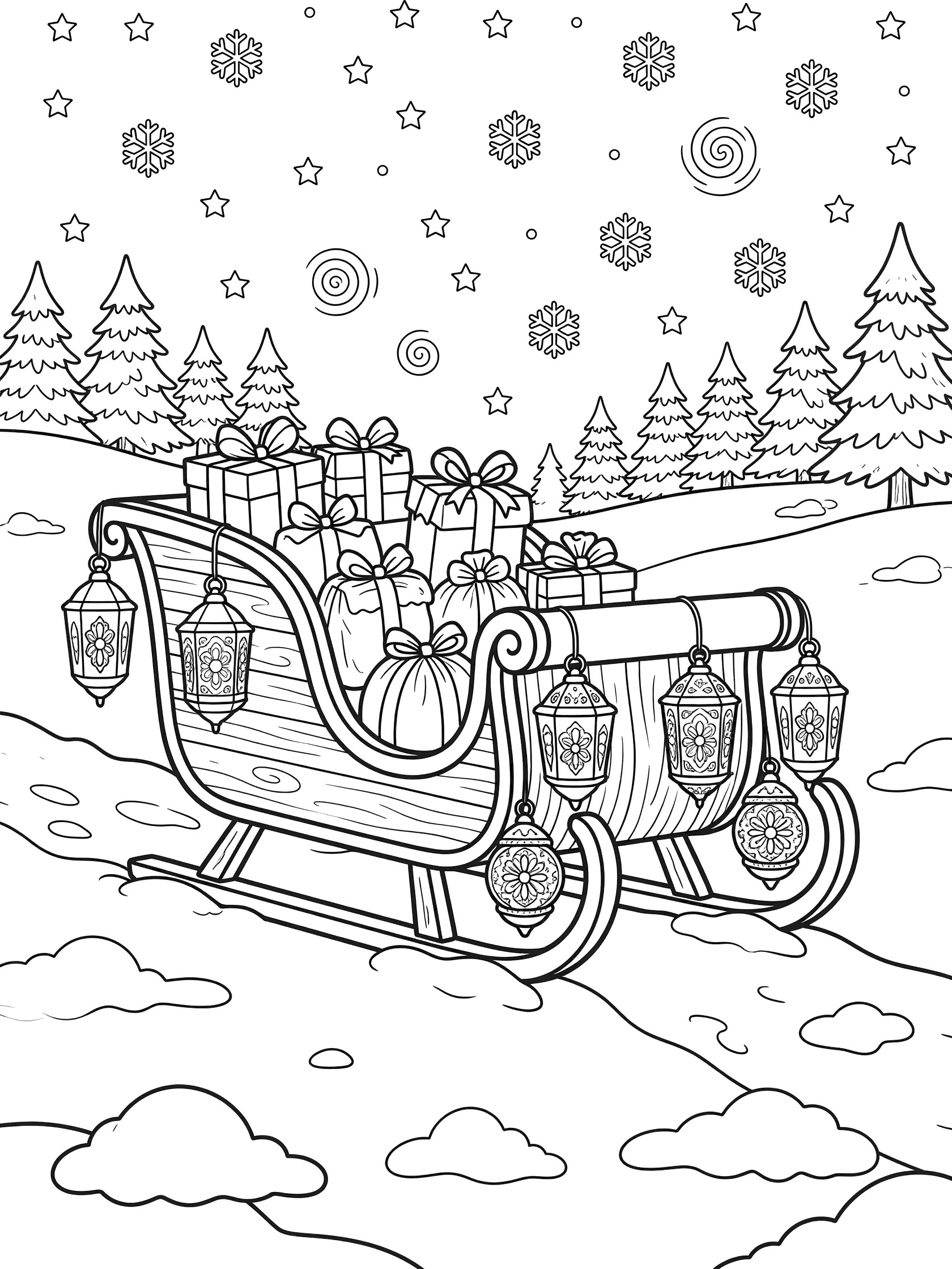 Line art coloring page of a Christmas sleigh perched on a snowy hill with lanterns, wrapped gifts, snowdrifts, distant pine trees, and swirling snowflakes under a starry night sky.