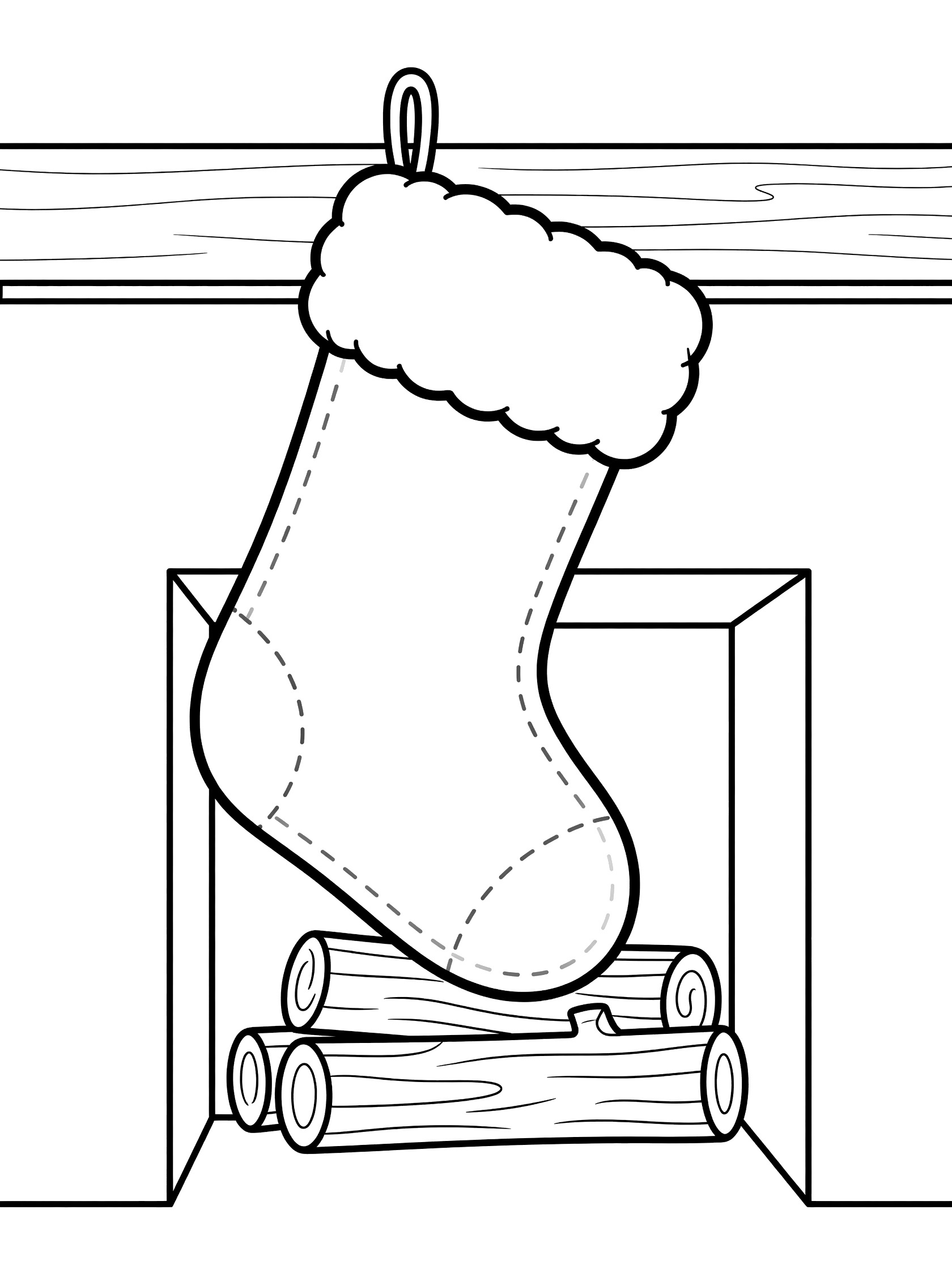 Black and white line art coloring page showing a large Christmas stocking with fluffy cuff hanging from wooden mantel over simple fireplace with logs inside.