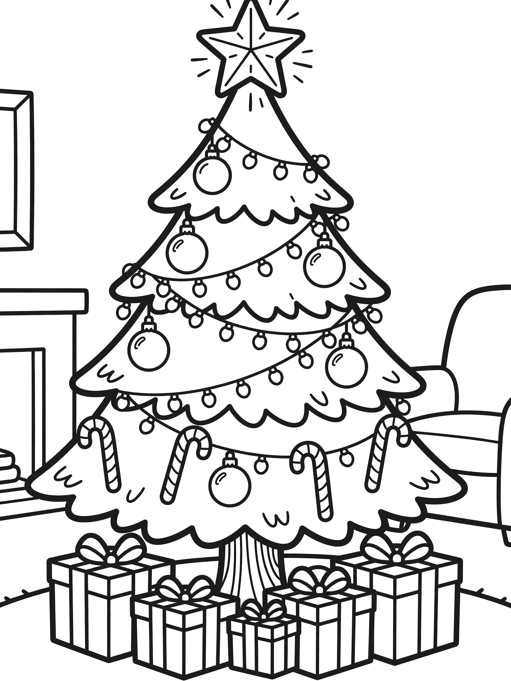 Black and white line art of a tall Christmas tree topped with a star, decorated with round ornaments and candy canes, surrounded by stacked gift boxes, in a room with fireplace and chair.