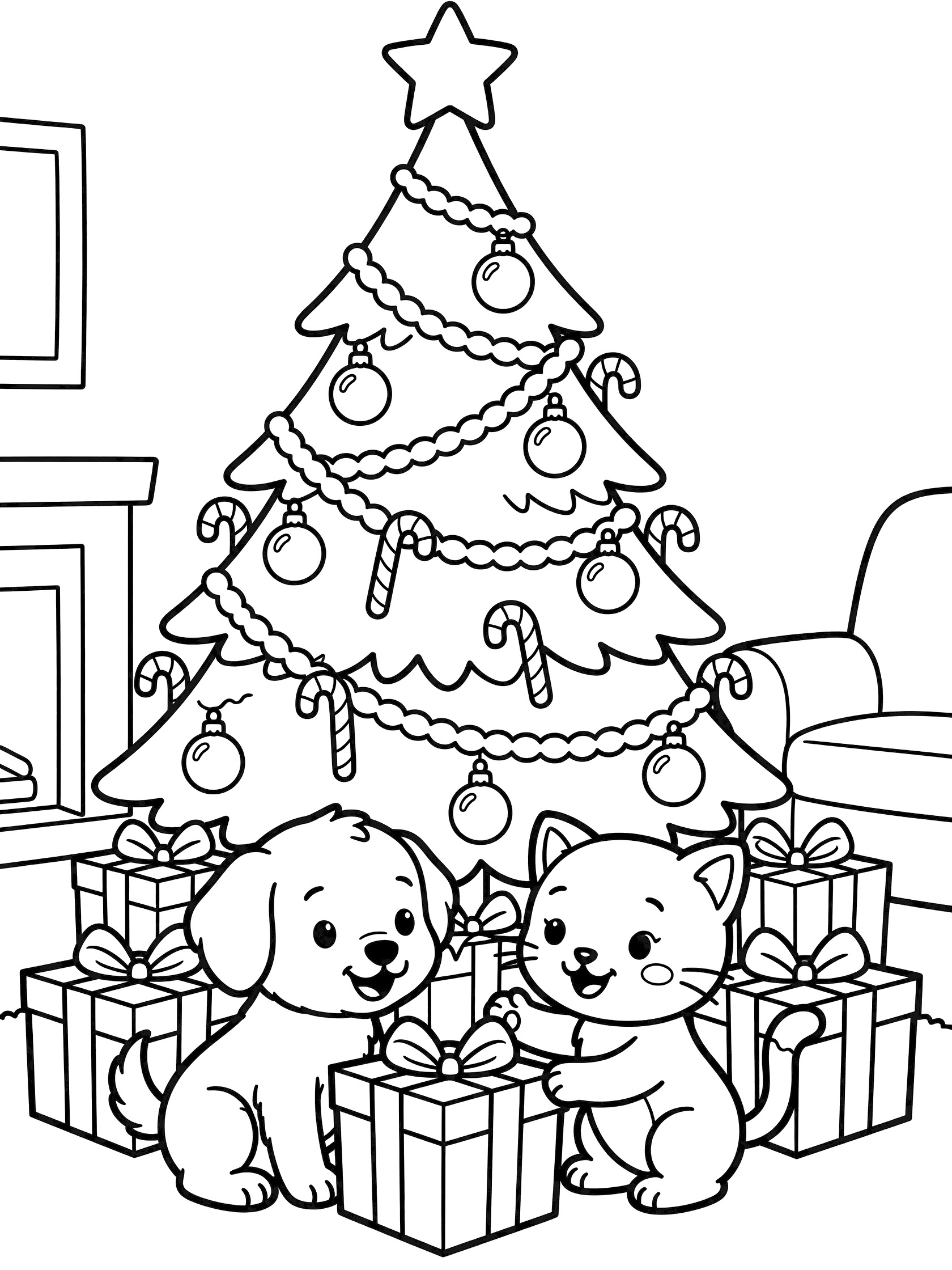 Black and white line art of a cartoon Christmas tree with star topper, ornaments, garlands, candy canes, and stacked presents. Fluffy puppy and kitten sniff and paw at the colorful gift boxes in a living room setting.