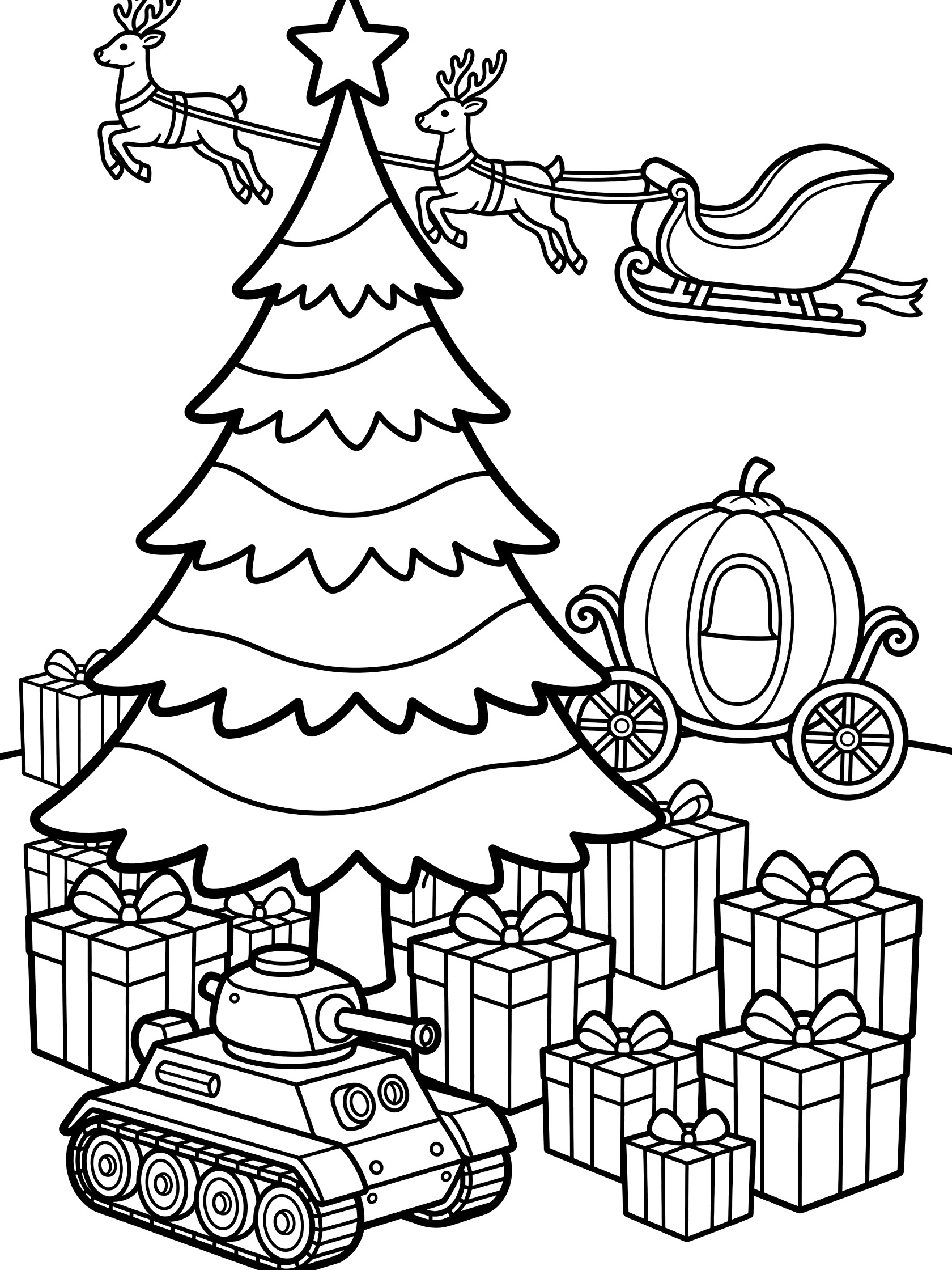 Line drawing coloring page of tall Christmas tree topped with star flying reindeer pulling sleigh above many stacked presents army tank in front and pumpkin coach to the side
