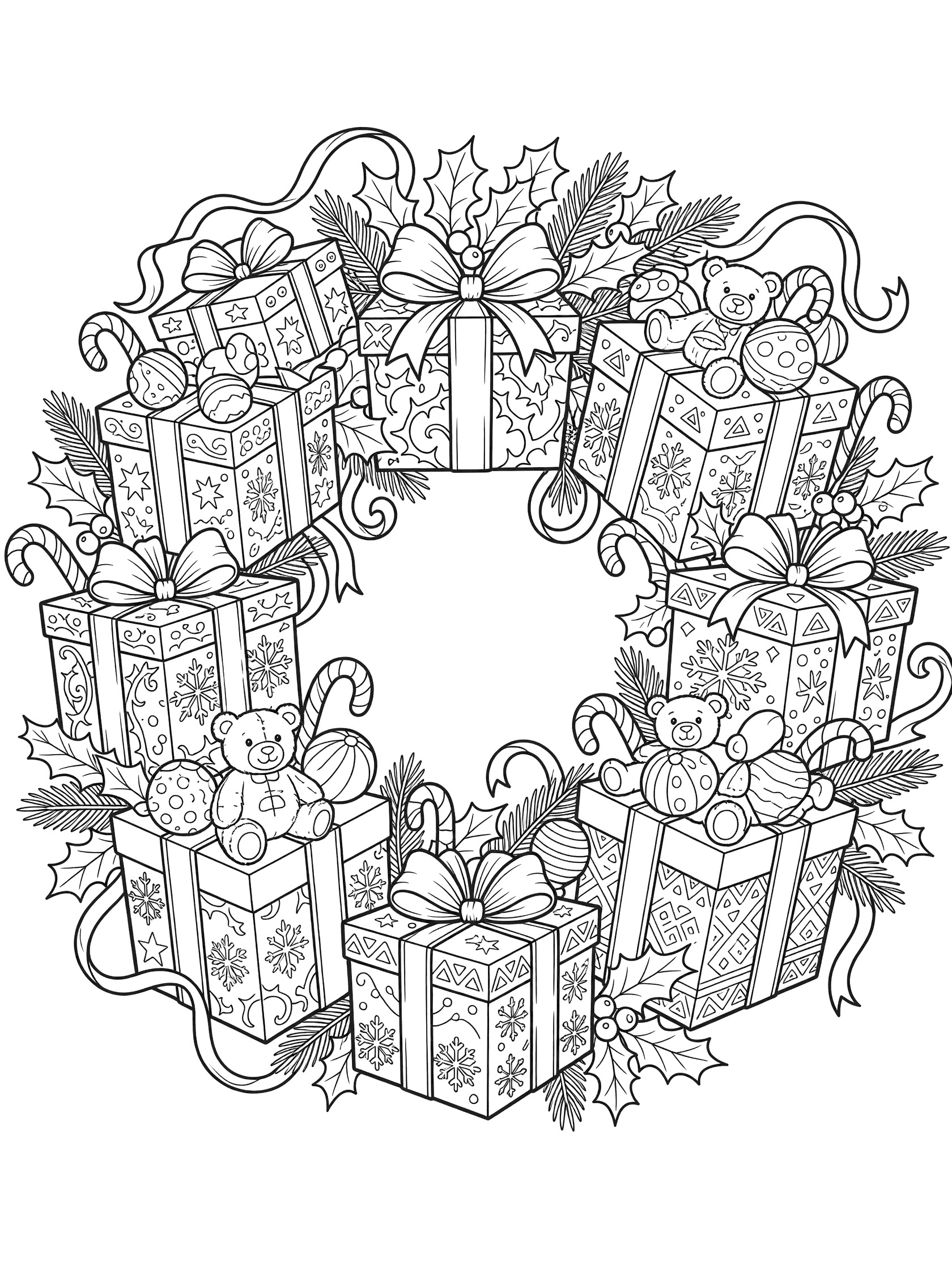 Black-and-white line art of a circular Christmas wreath formed by overlapping gift presents, ribbons, bows, toys like teddy bears and candy canes, holly, and pine branches.