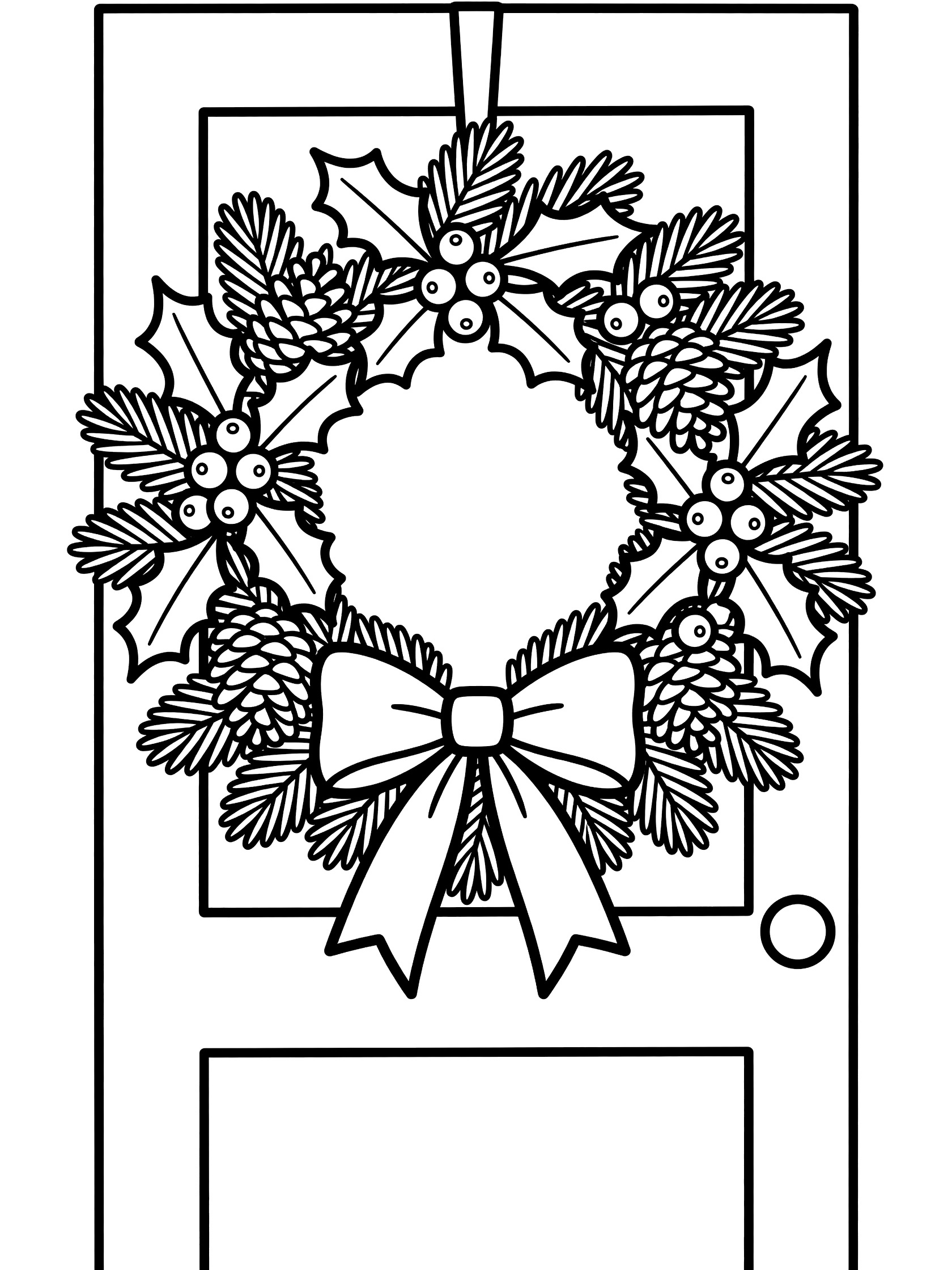 Black and white coloring page of a Christmas wreath with holly berries, pinecones, evergreen branches, and floppy bow on a front door